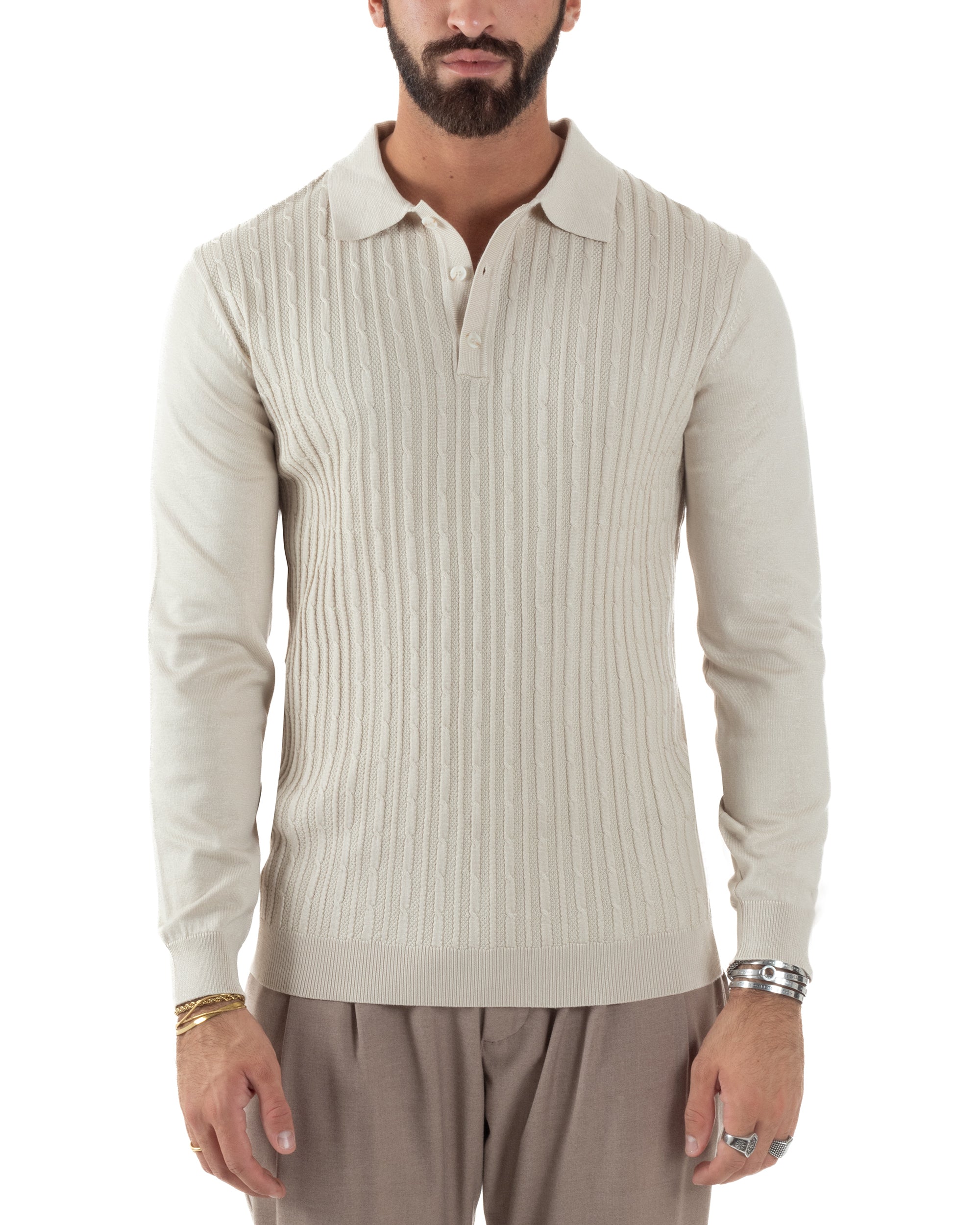 Maglia Uomo Colletto Polo Maglioncino Trecce Basic Beige M3037A