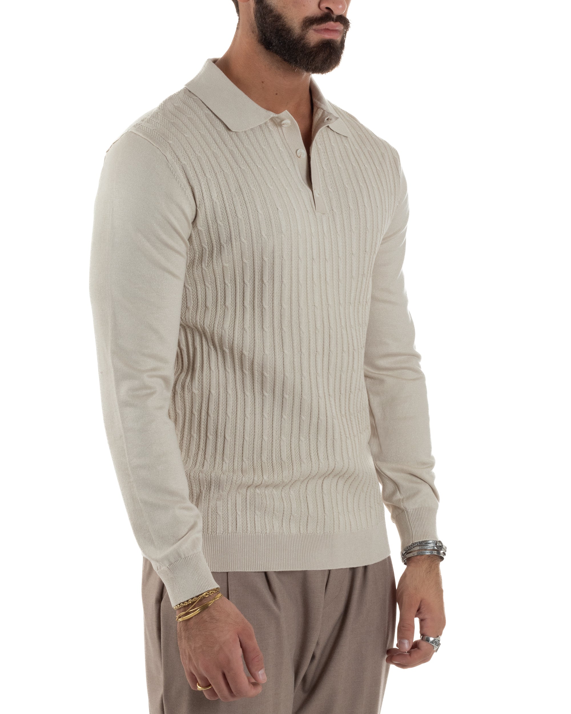 Maglia Uomo Colletto Polo Maglioncino Trecce Basic Beige M3037A