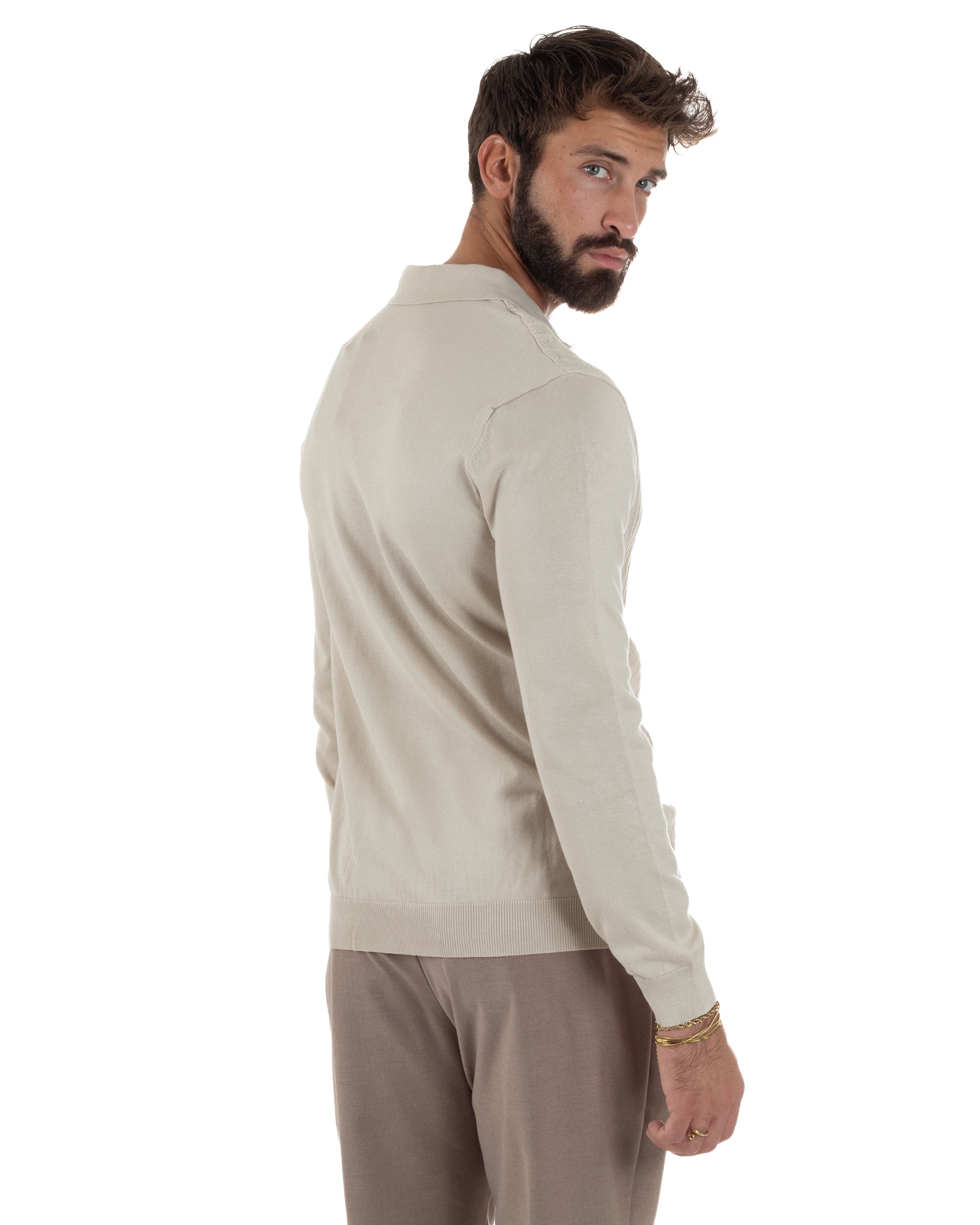 Maglia Uomo Colletto Polo Maglioncino Trecce Basic Beige M3037A