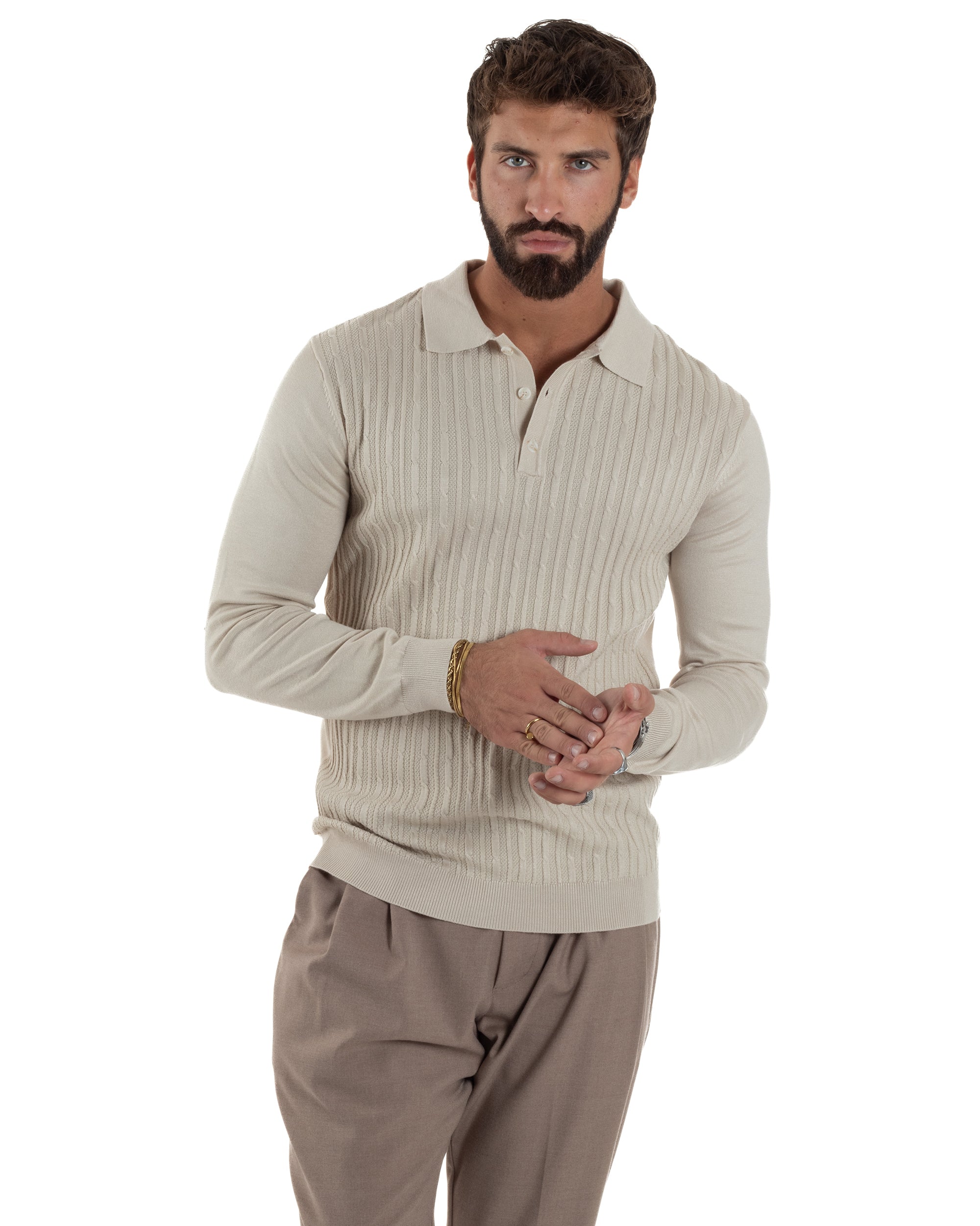 Maglia Uomo Colletto Polo Maglioncino Trecce Basic Beige M3037A