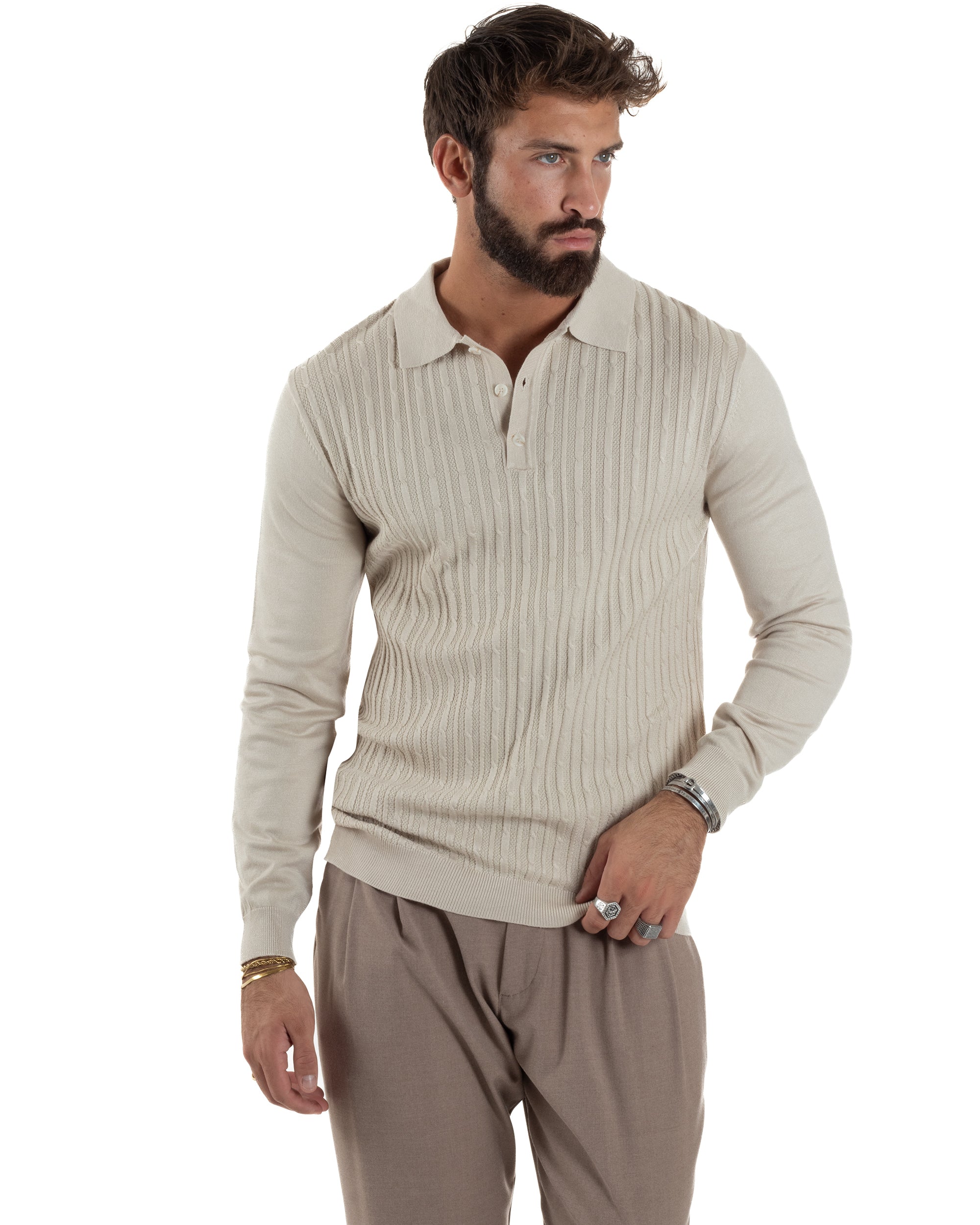 Maglia Uomo Colletto Polo Maglioncino Trecce Basic Beige M3037A