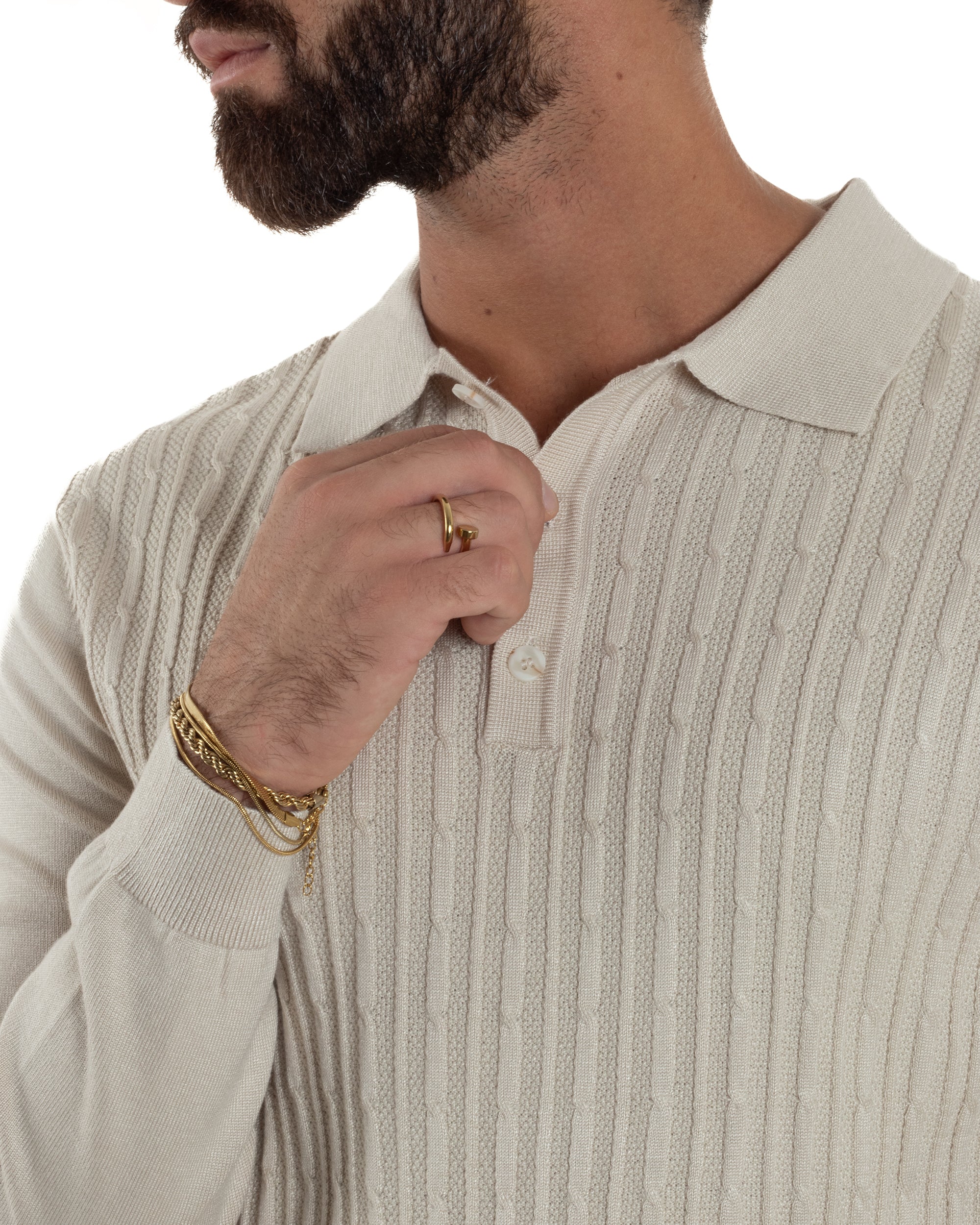 Maglia Uomo Colletto Polo Maglioncino Trecce Basic Beige M3037A
