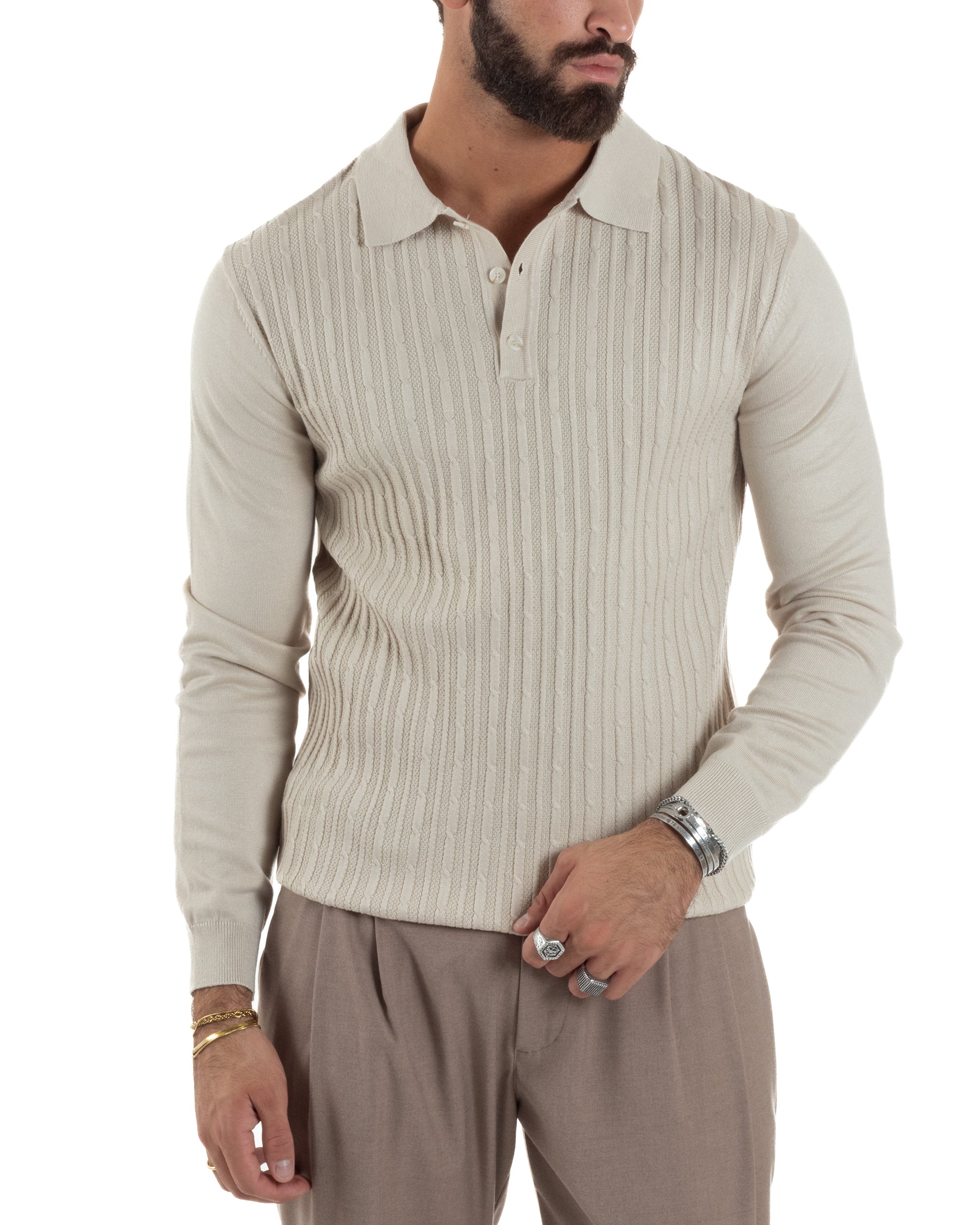 Maglia Uomo Colletto Polo Maglioncino Trecce Basic Beige M3037A