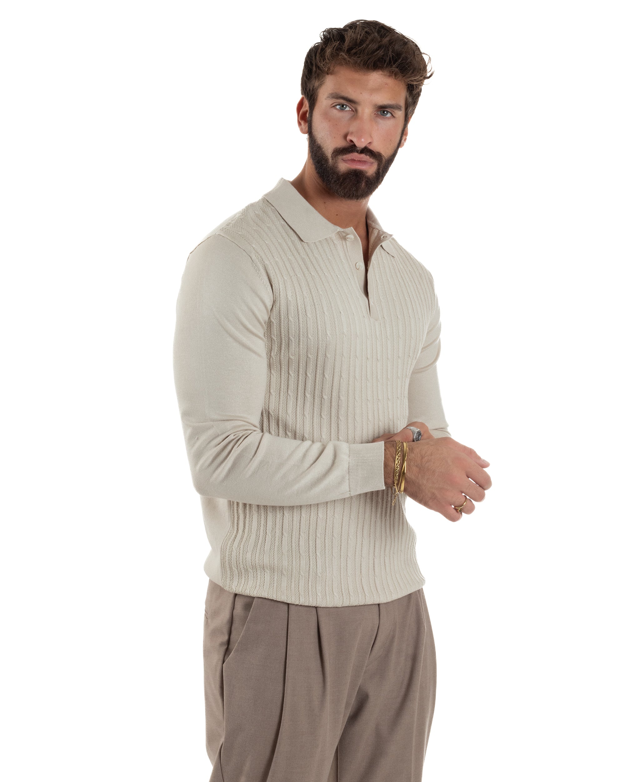 Maglia Uomo Colletto Polo Maglioncino Trecce Basic Beige M3037A