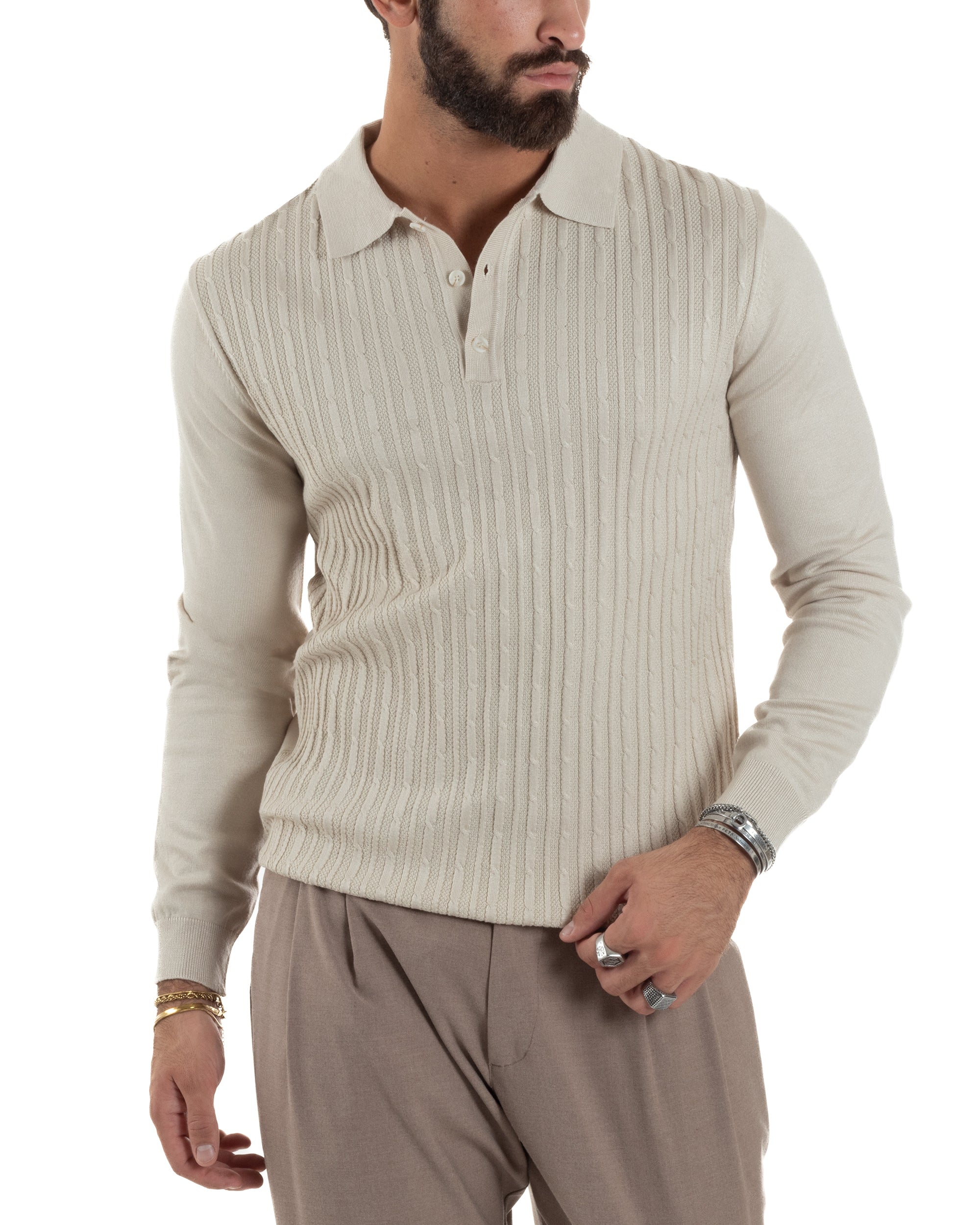 Maglia Uomo Colletto Polo Maglioncino Trecce Basic Beige M3037A