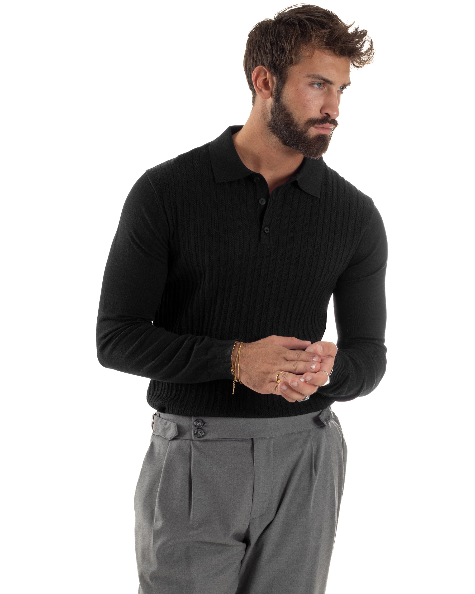 Maglia Uomo Colletto Polo Maglioncino Trecce Basic Nero M3038A