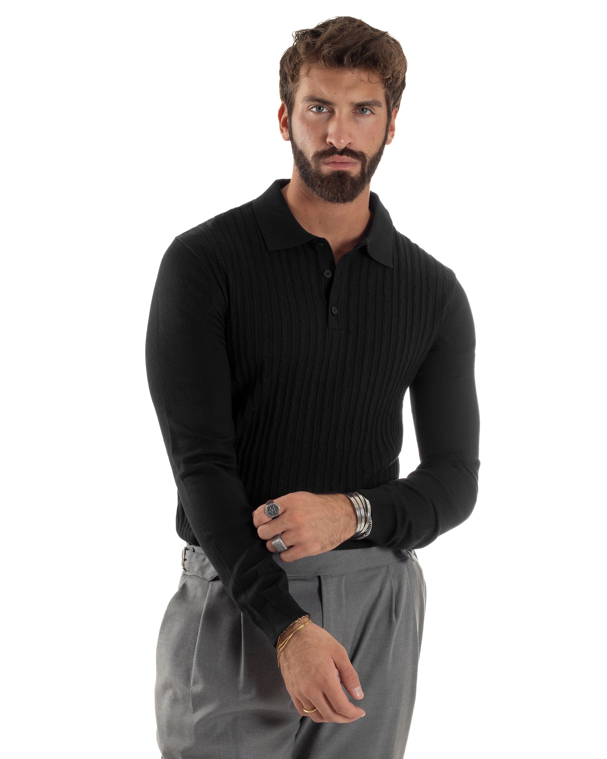Maglia Uomo Colletto Polo Maglioncino Trecce Basic Nero M3038A