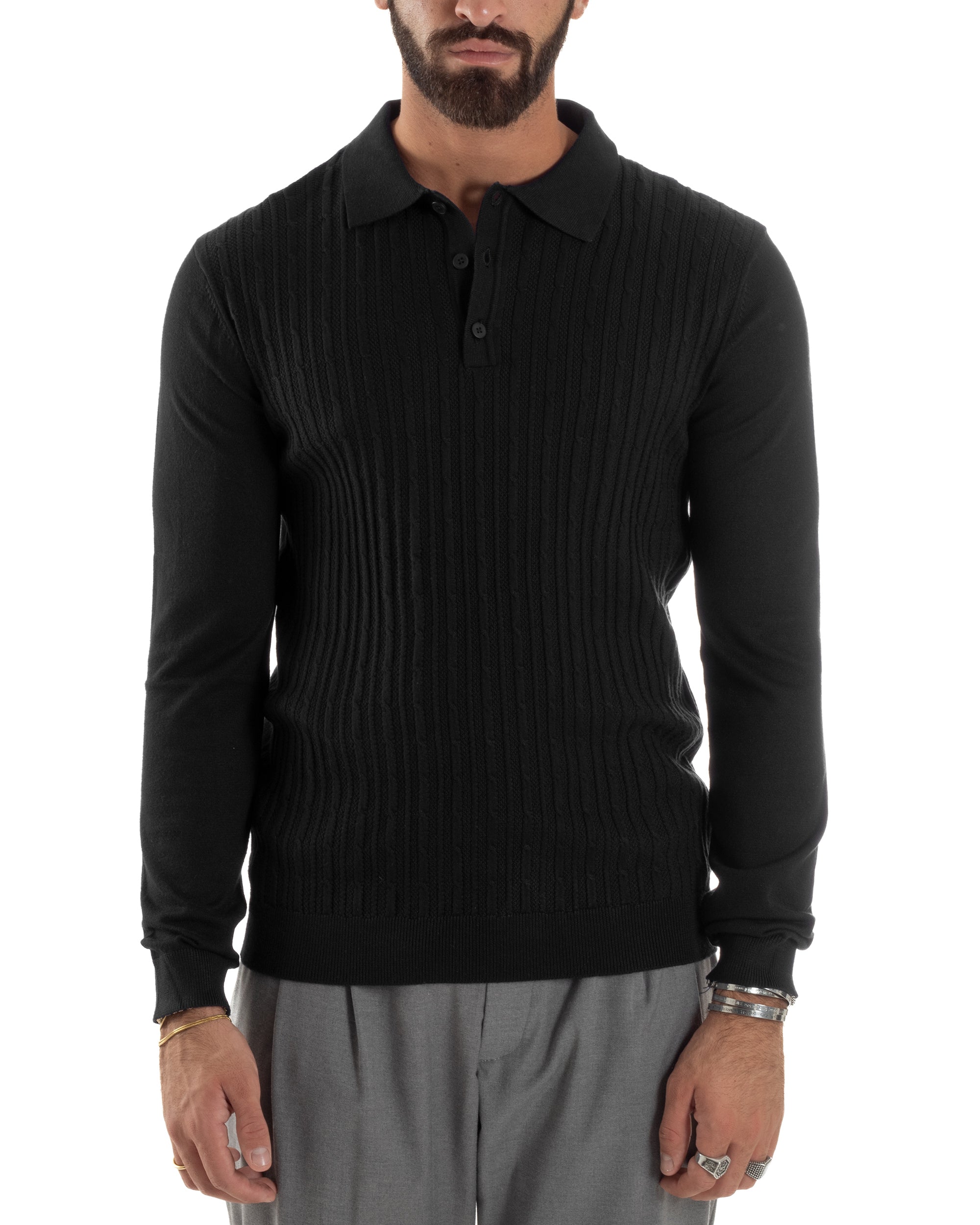 Maglia Uomo Colletto Polo Maglioncino Trecce Basic Nero M3038A