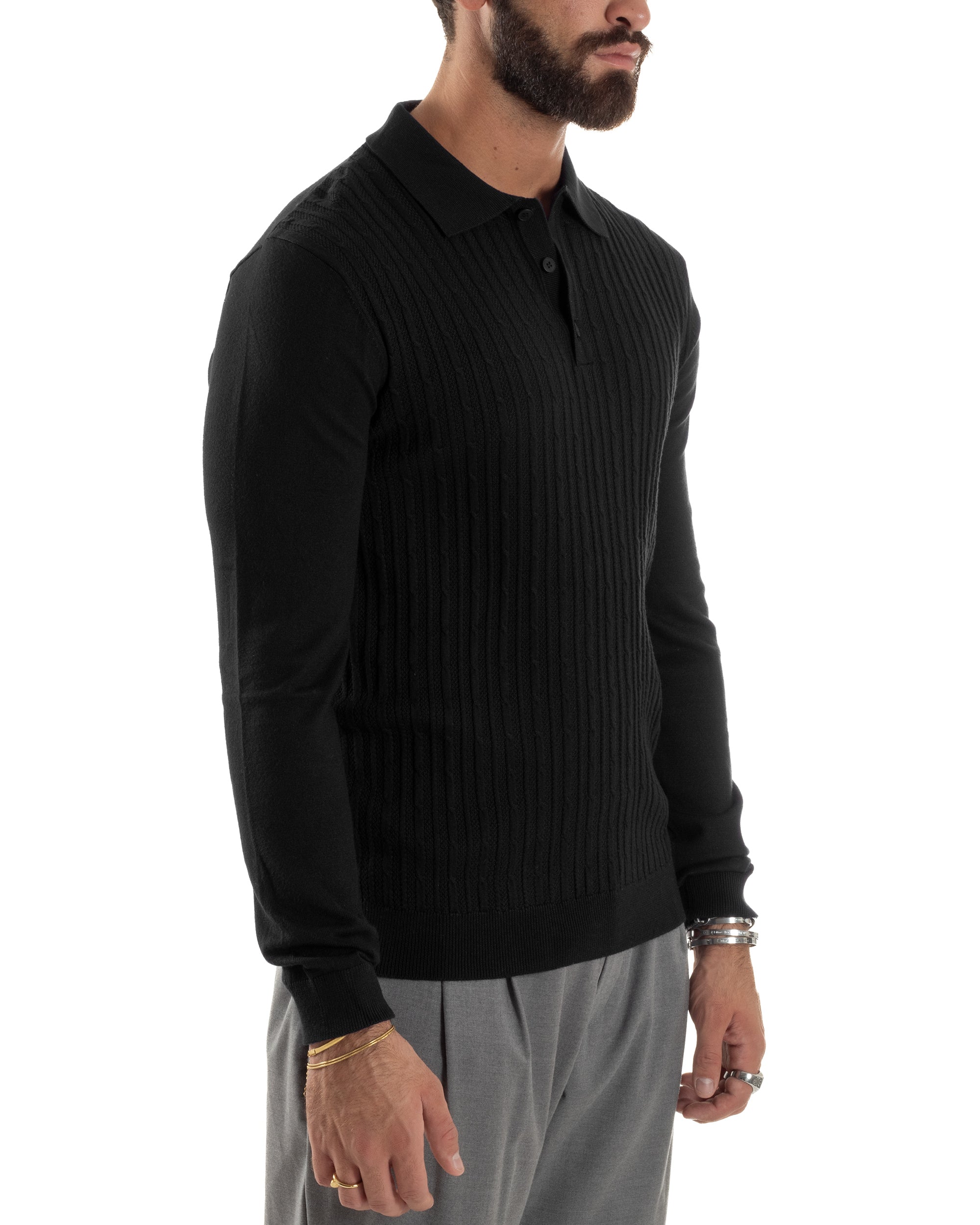 Maglia Uomo Colletto Polo Maglioncino Trecce Basic Nero M3038A