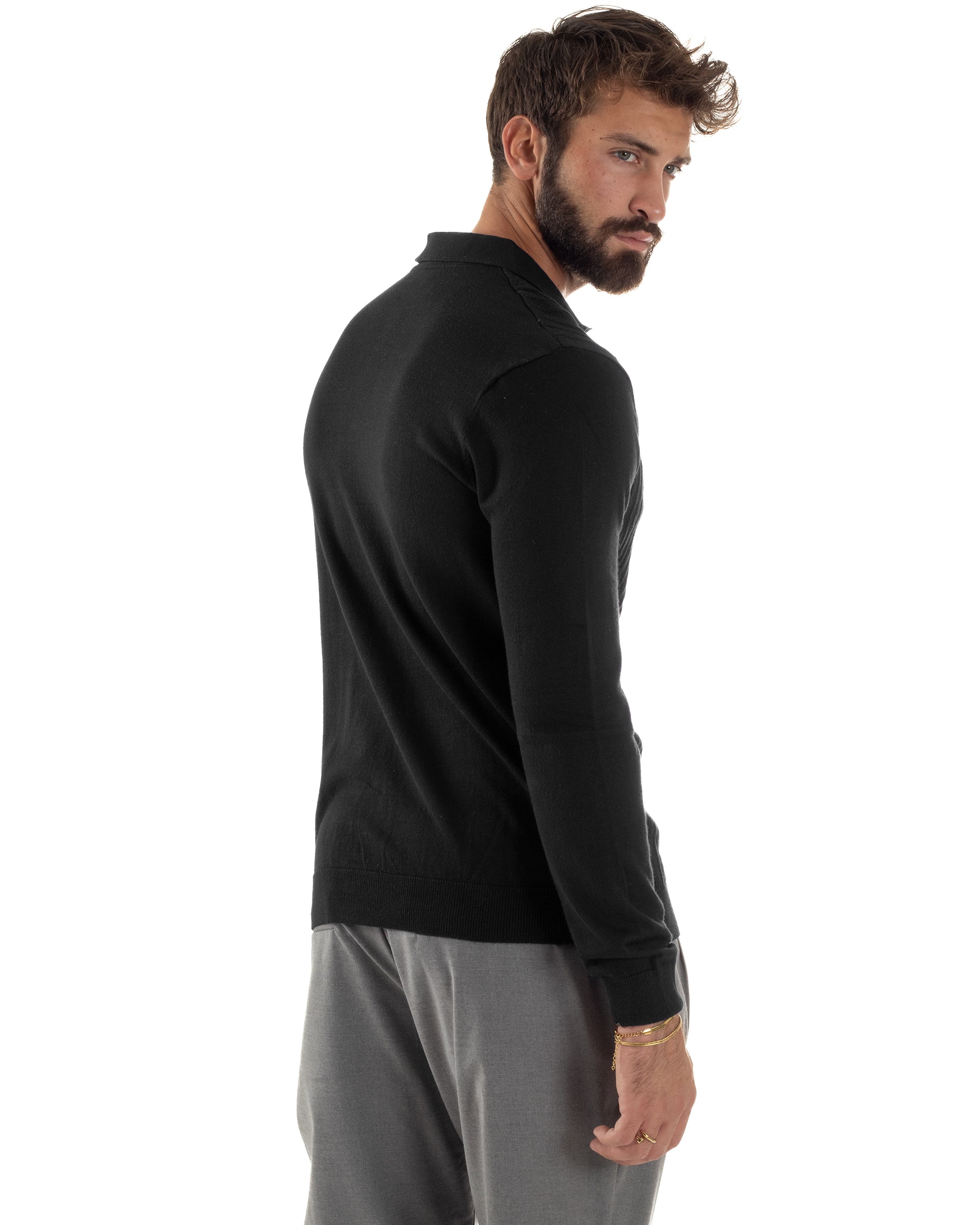 Maglia Uomo Colletto Polo Maglioncino Trecce Basic Nero M3038A