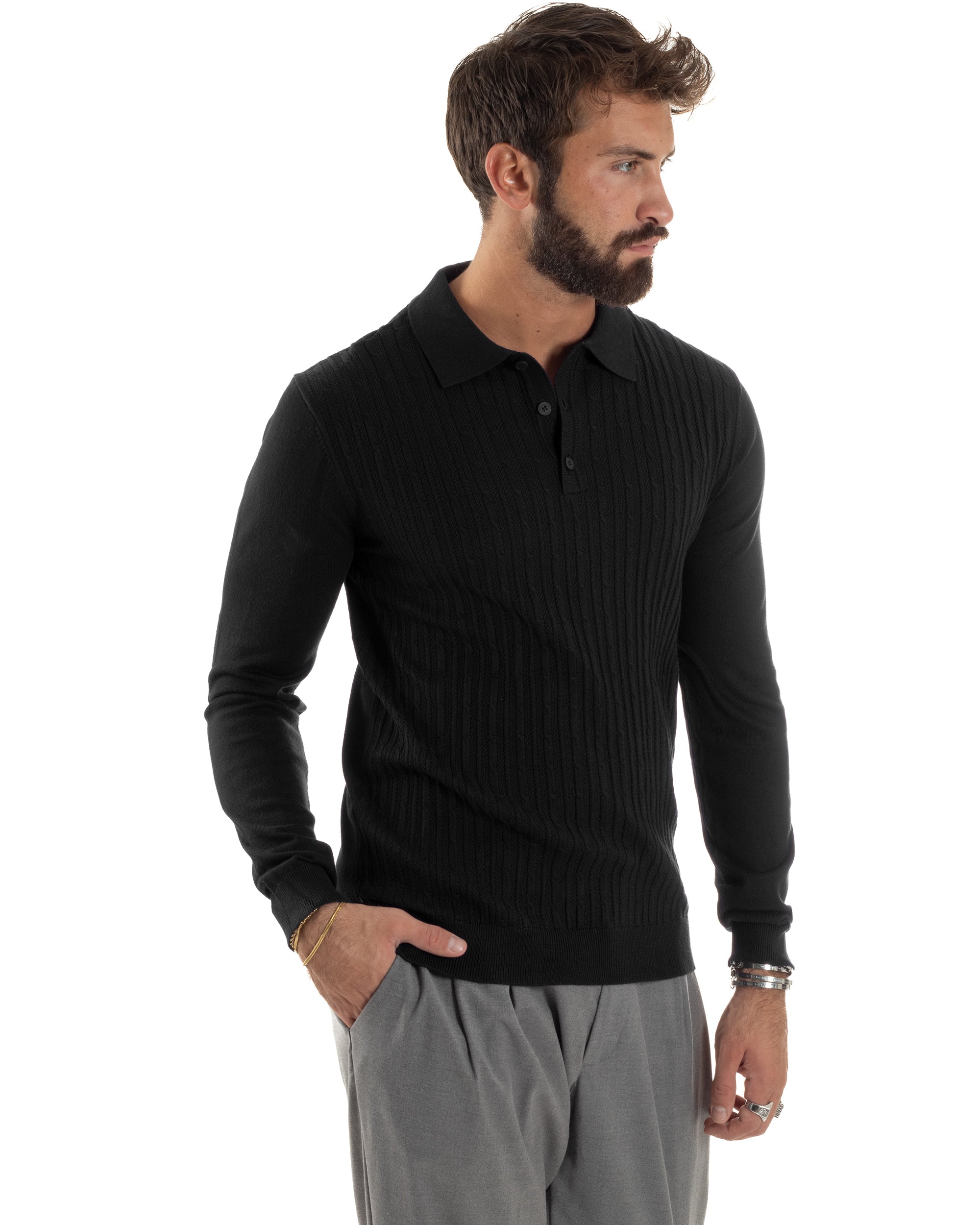 Maglia Uomo Colletto Polo Maglioncino Trecce Basic Nero M3038A