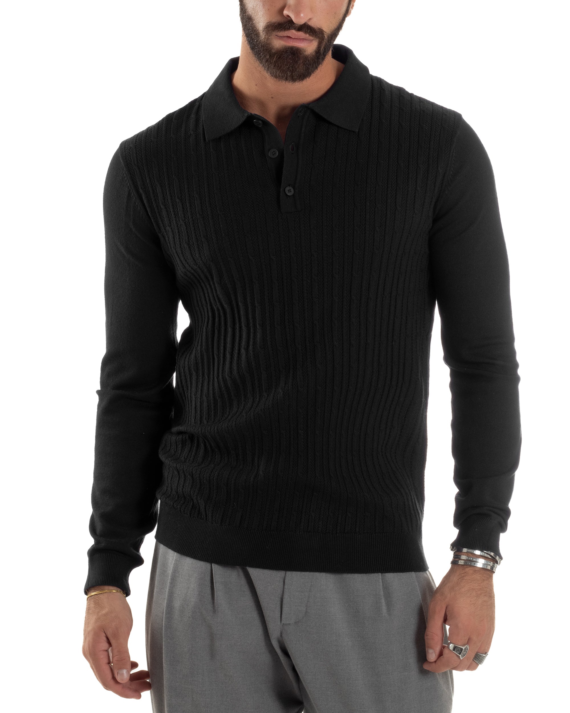 Maglia Uomo Colletto Polo Maglioncino Trecce Basic Nero M3038A