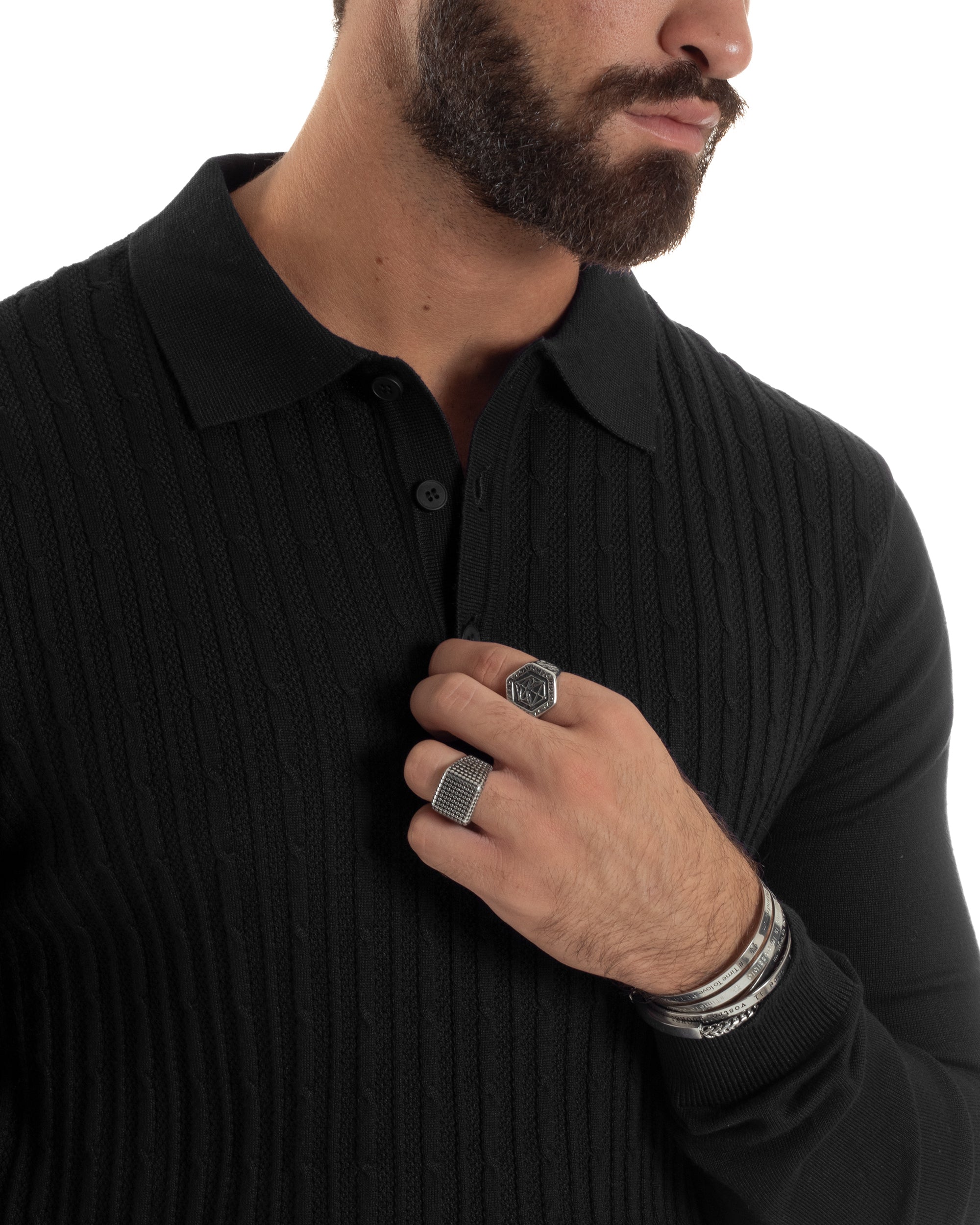 Maglia Uomo Colletto Polo Maglioncino Trecce Basic Nero M3038A