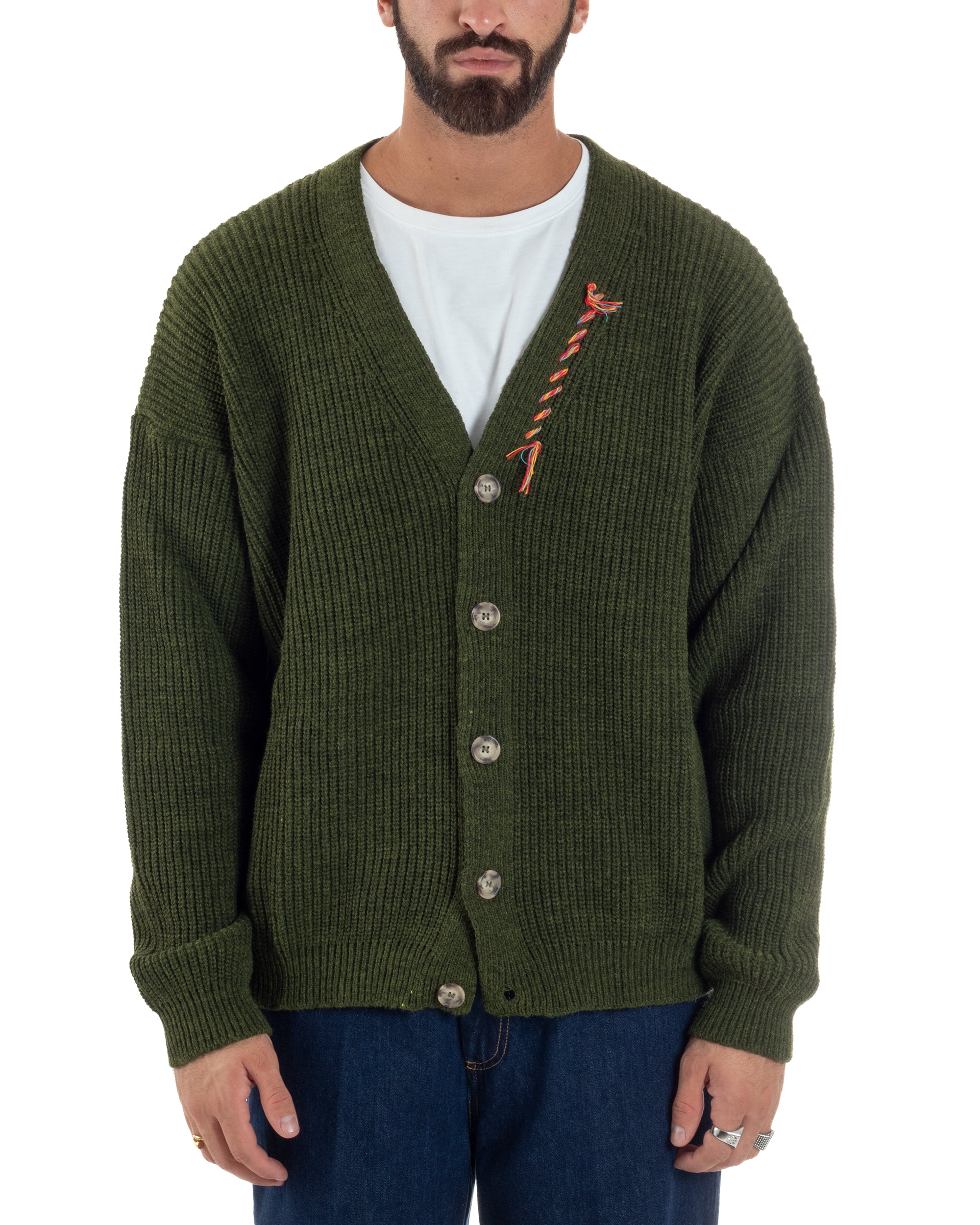 Cardigan Uomo Ricamo Jacquard Maglia Over Scollo V Verde Berna M-252014