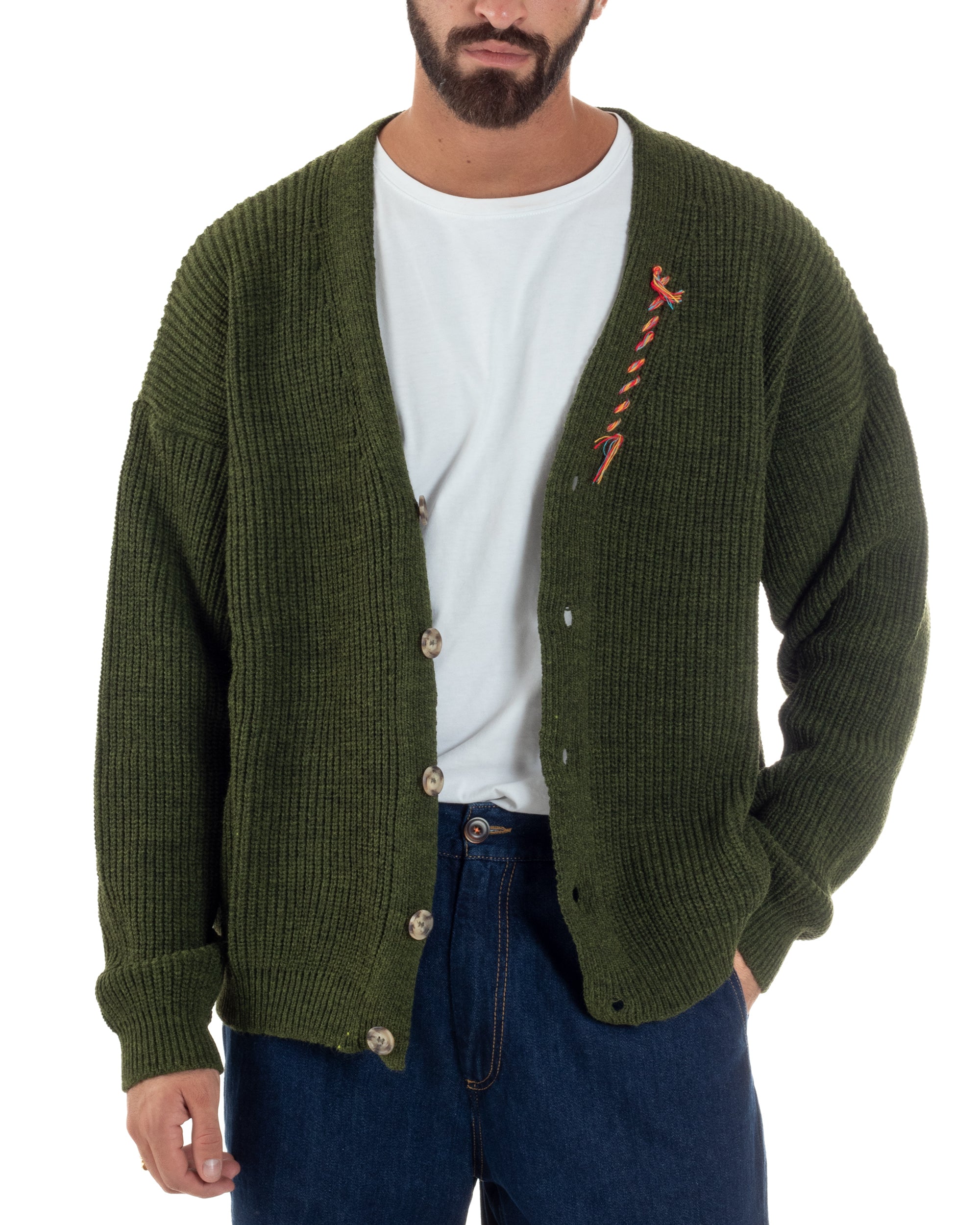 Cardigan Uomo Ricamo Jacquard Maglia Over Scollo V Verde Berna M-252014