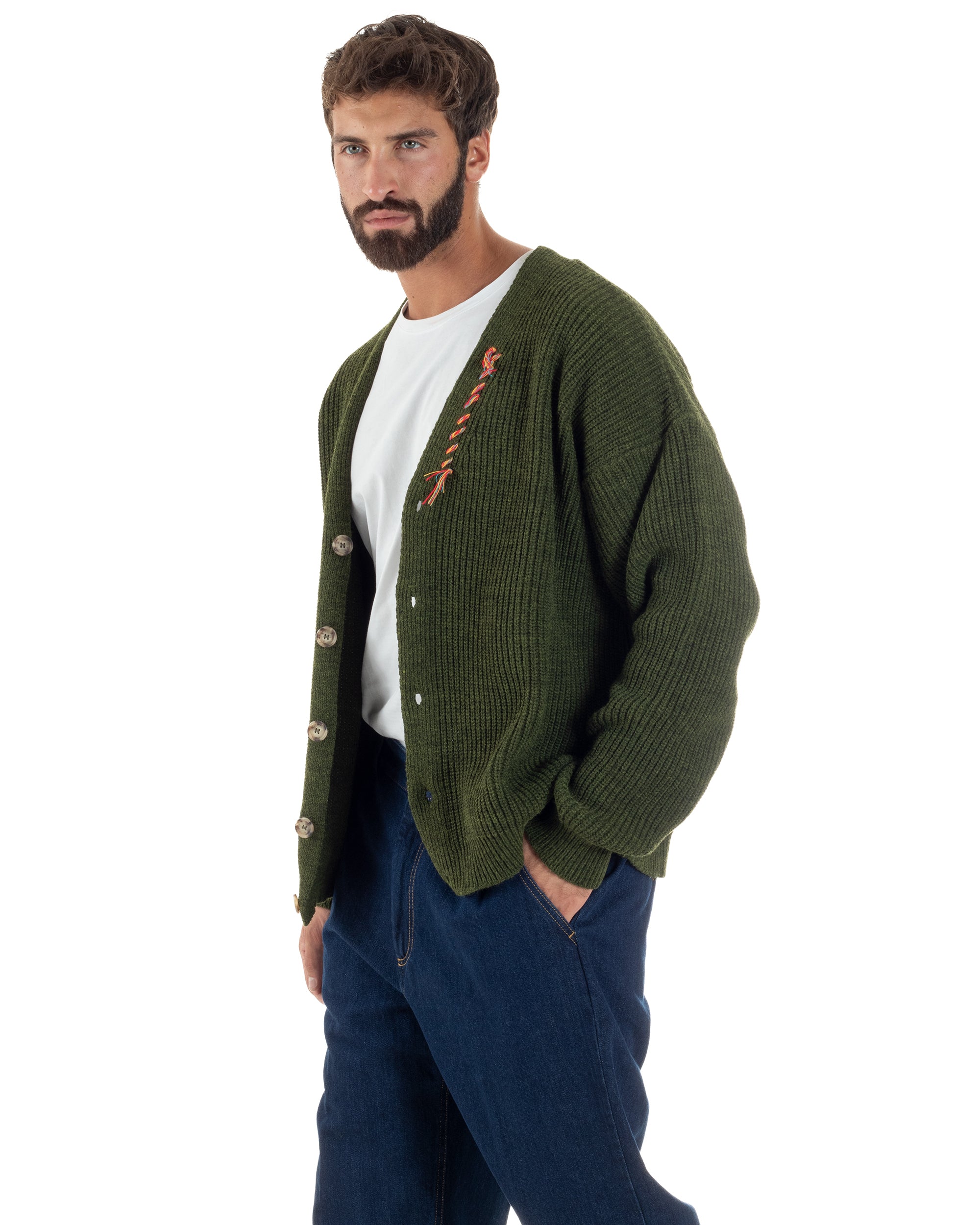 Cardigan Uomo Ricamo Jacquard Maglia Over Scollo V Verde Berna M-252014
