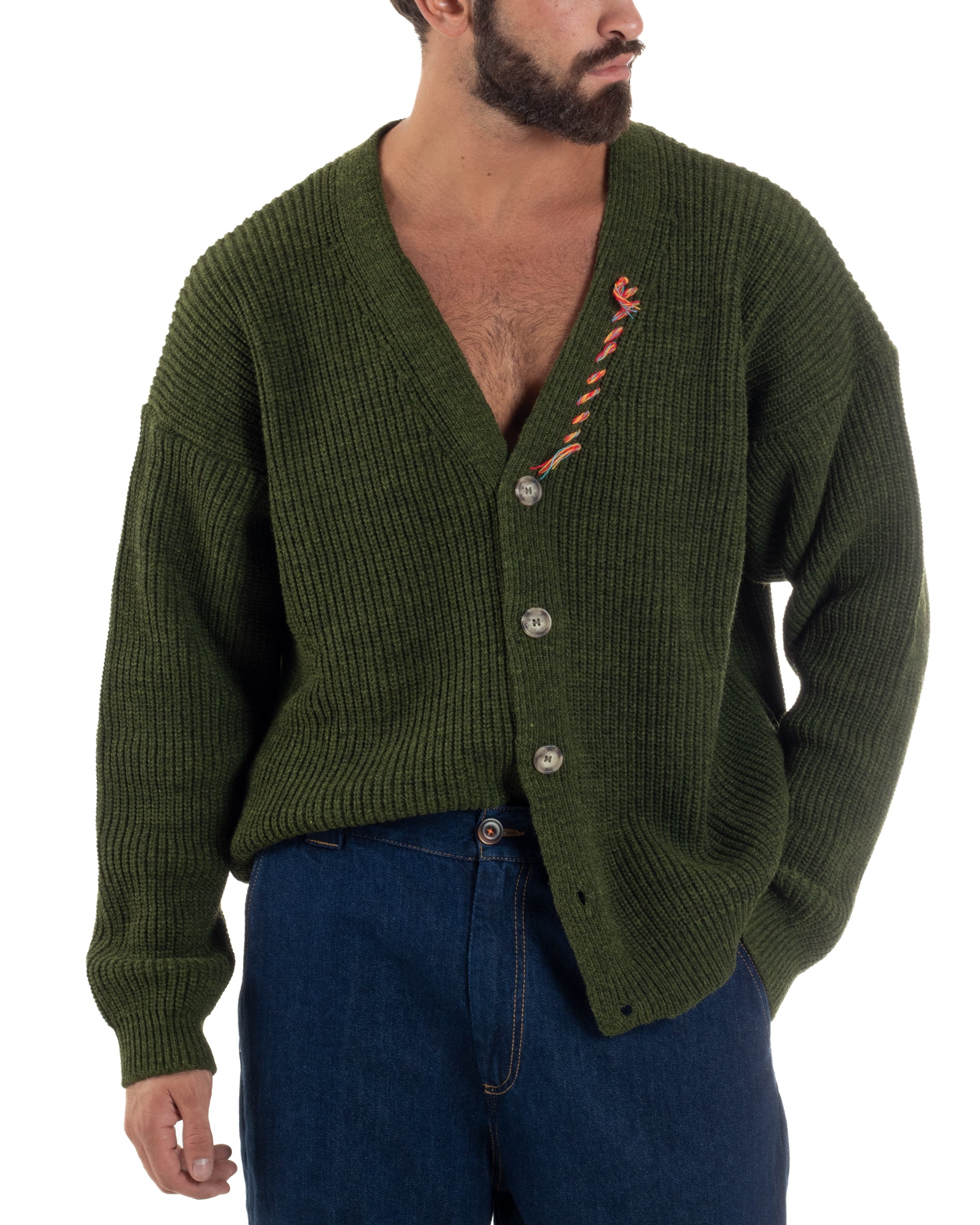 Cardigan Uomo Ricamo Jacquard Maglia Over Scollo V Verde Berna M-252014
