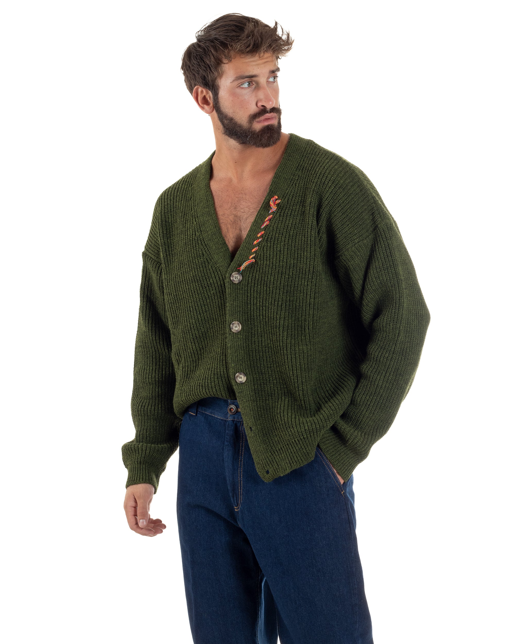 Cardigan Uomo Ricamo Jacquard Maglia Over Scollo V Verde Berna M-252014