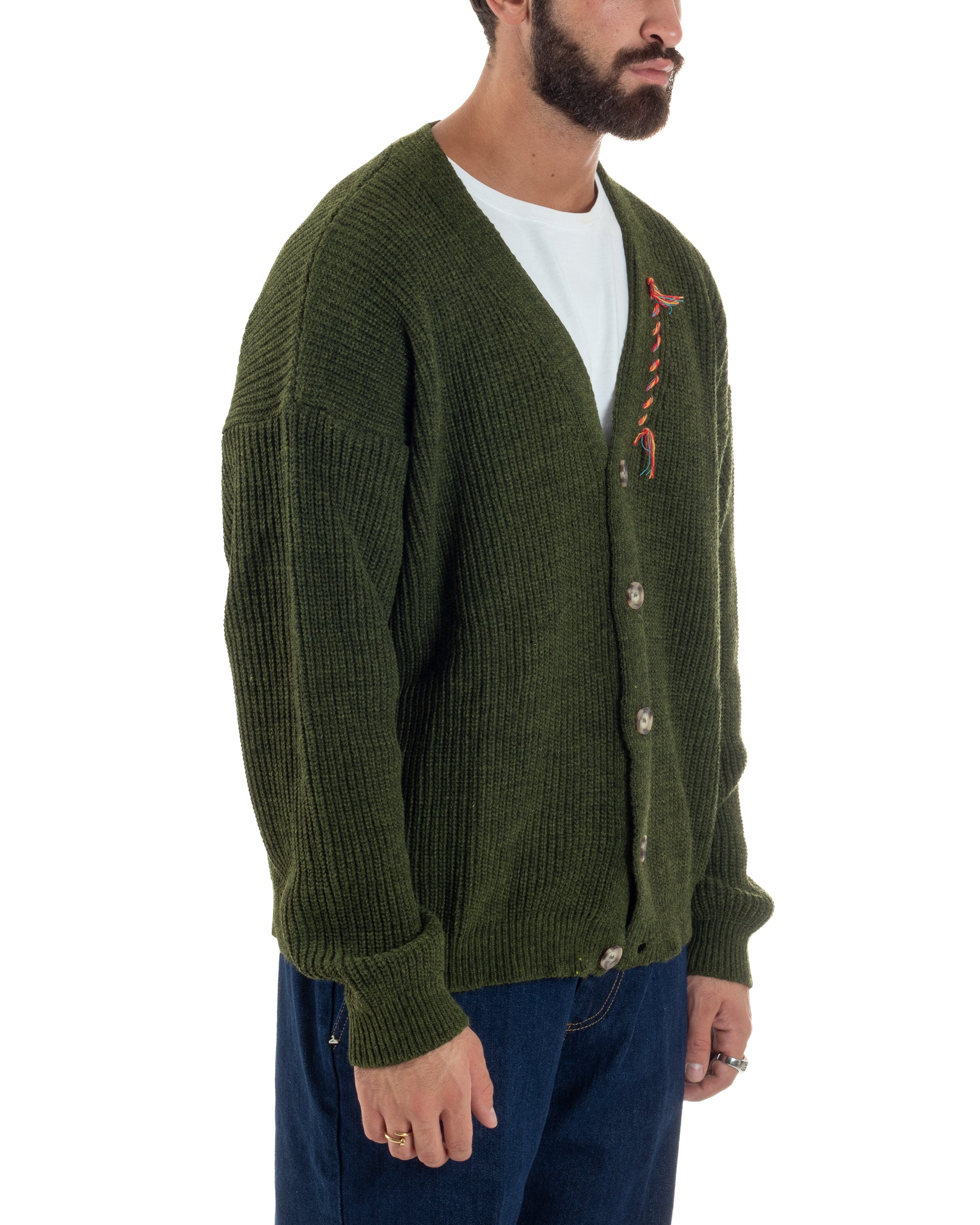 Cardigan Uomo Ricamo Jacquard Maglia Over Scollo V Verde Berna M-252014