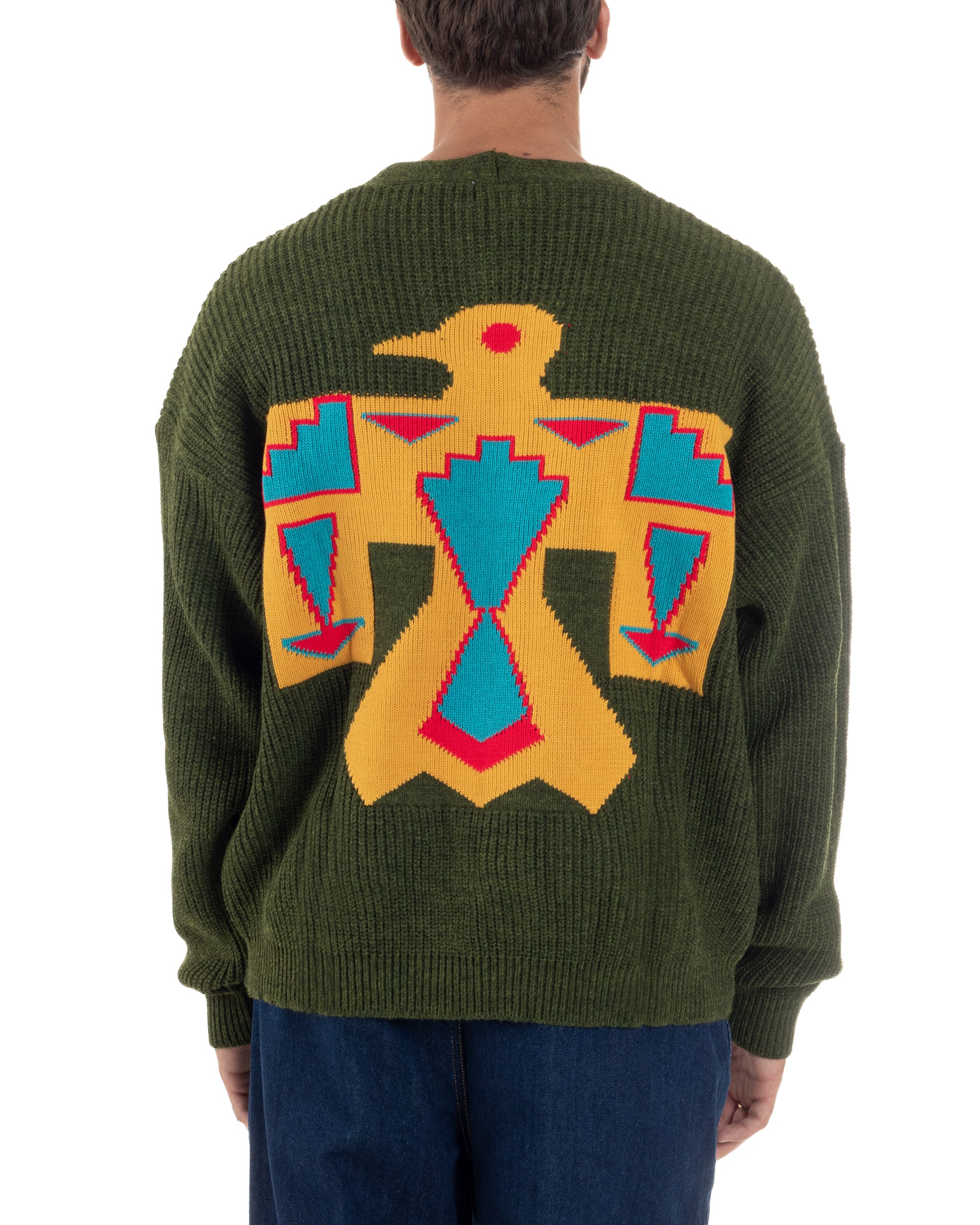 Cardigan Uomo Ricamo Jacquard Maglia Over Scollo V Verde Berna M-252014