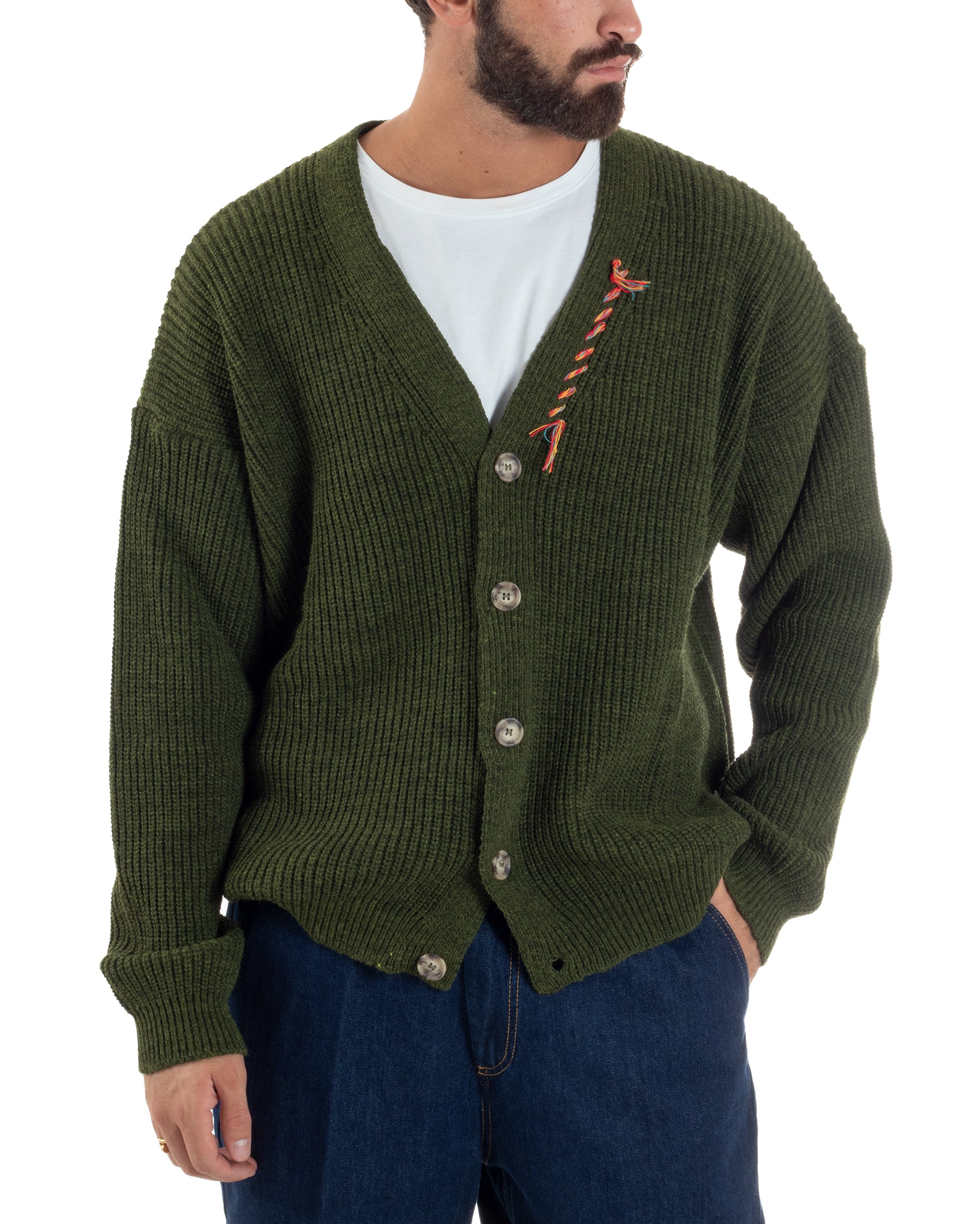 Cardigan Uomo Ricamo Jacquard Maglia Over Scollo V Verde Berna M-252014
