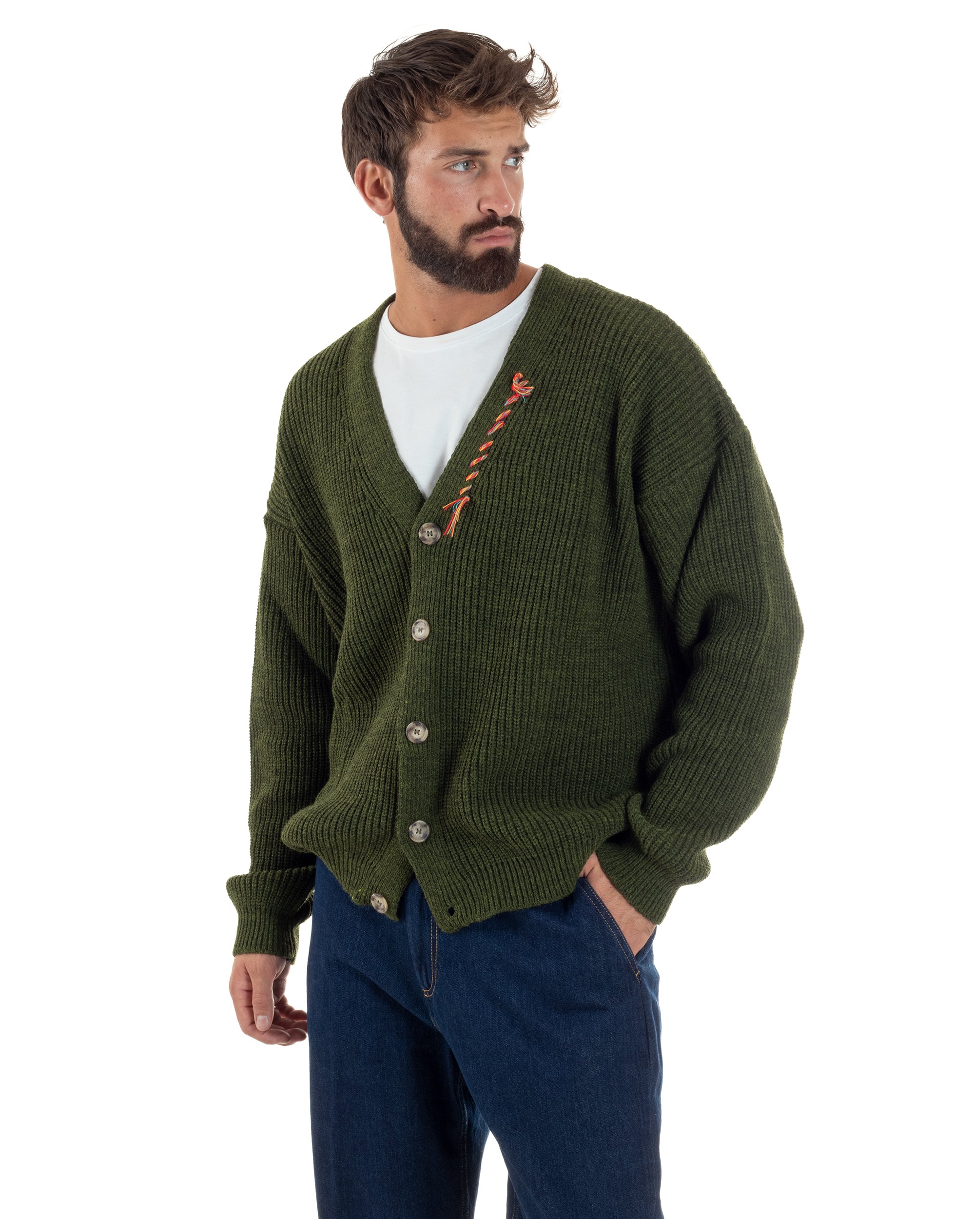 Cardigan Uomo Ricamo Jacquard Maglia Over Scollo V Verde Berna M-252014