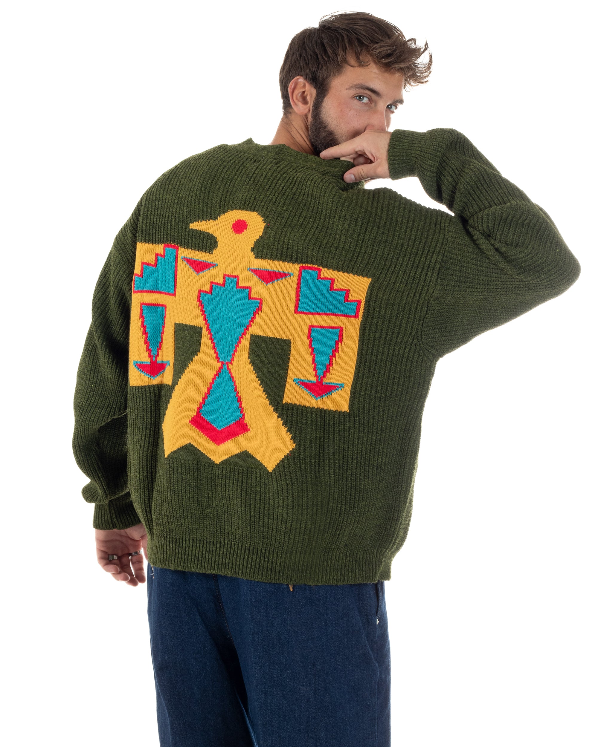 Cardigan Uomo Ricamo Jacquard Maglia Over Scollo V Verde Berna M-252014