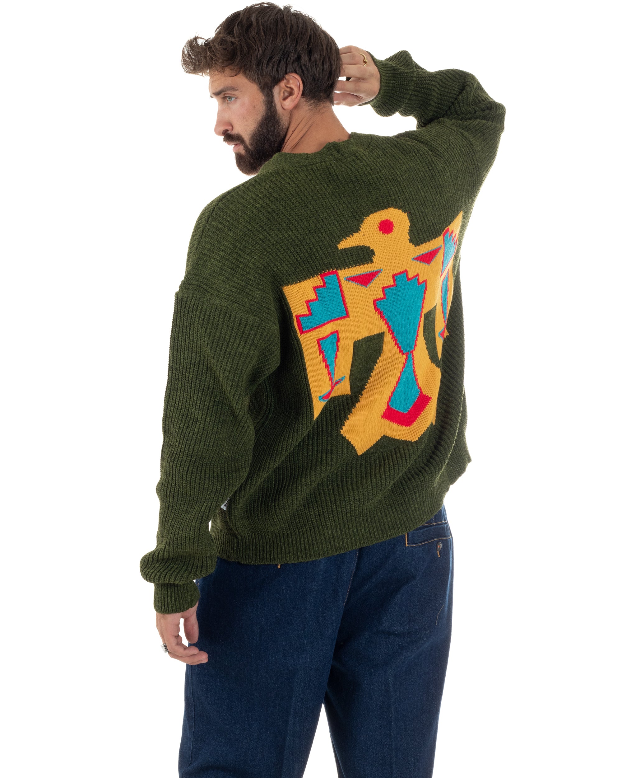 Cardigan Uomo Ricamo Jacquard Maglia Over Scollo V Verde Berna M-252014