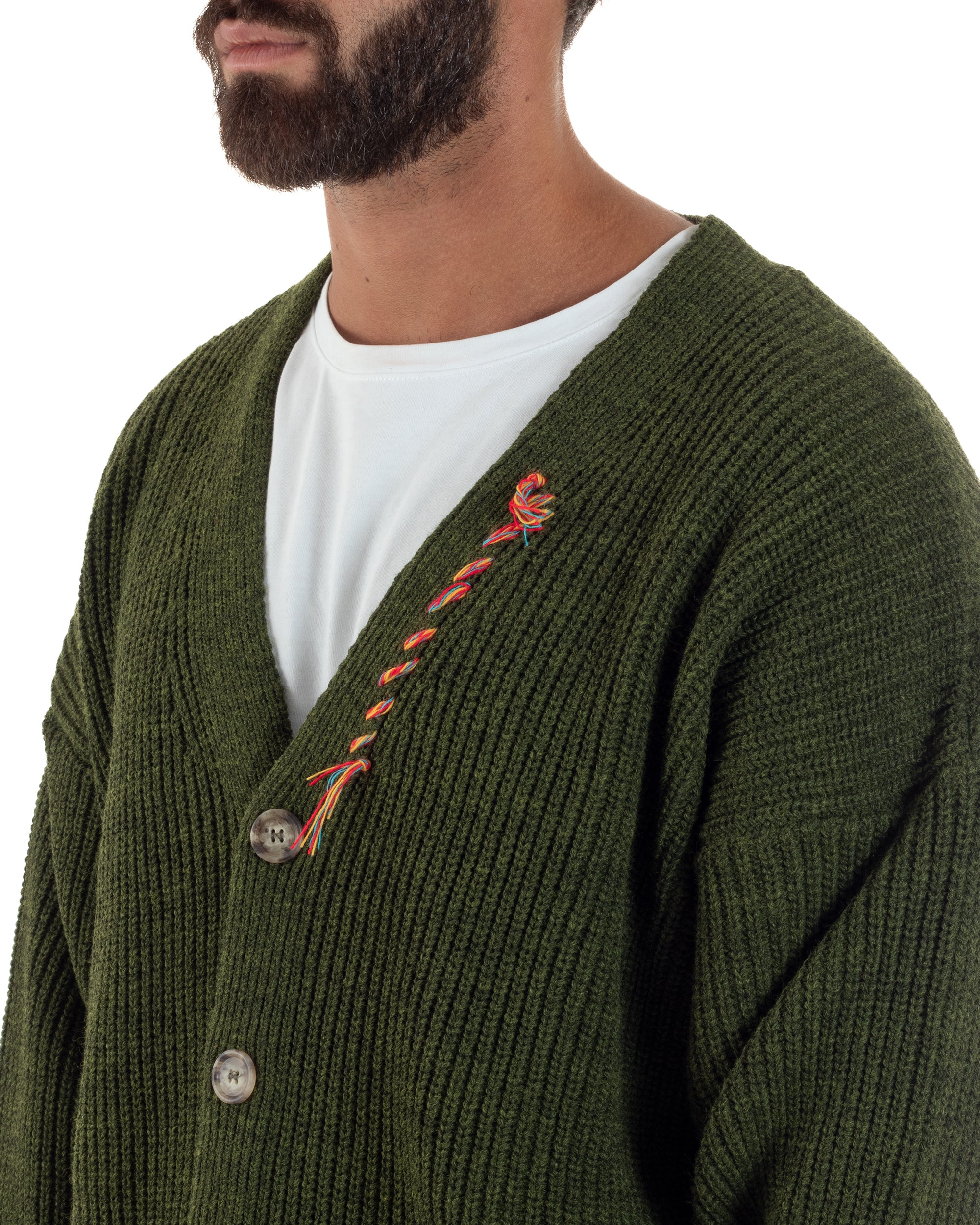 Cardigan Uomo Ricamo Jacquard Maglia Over Scollo V Verde Berna M-252014