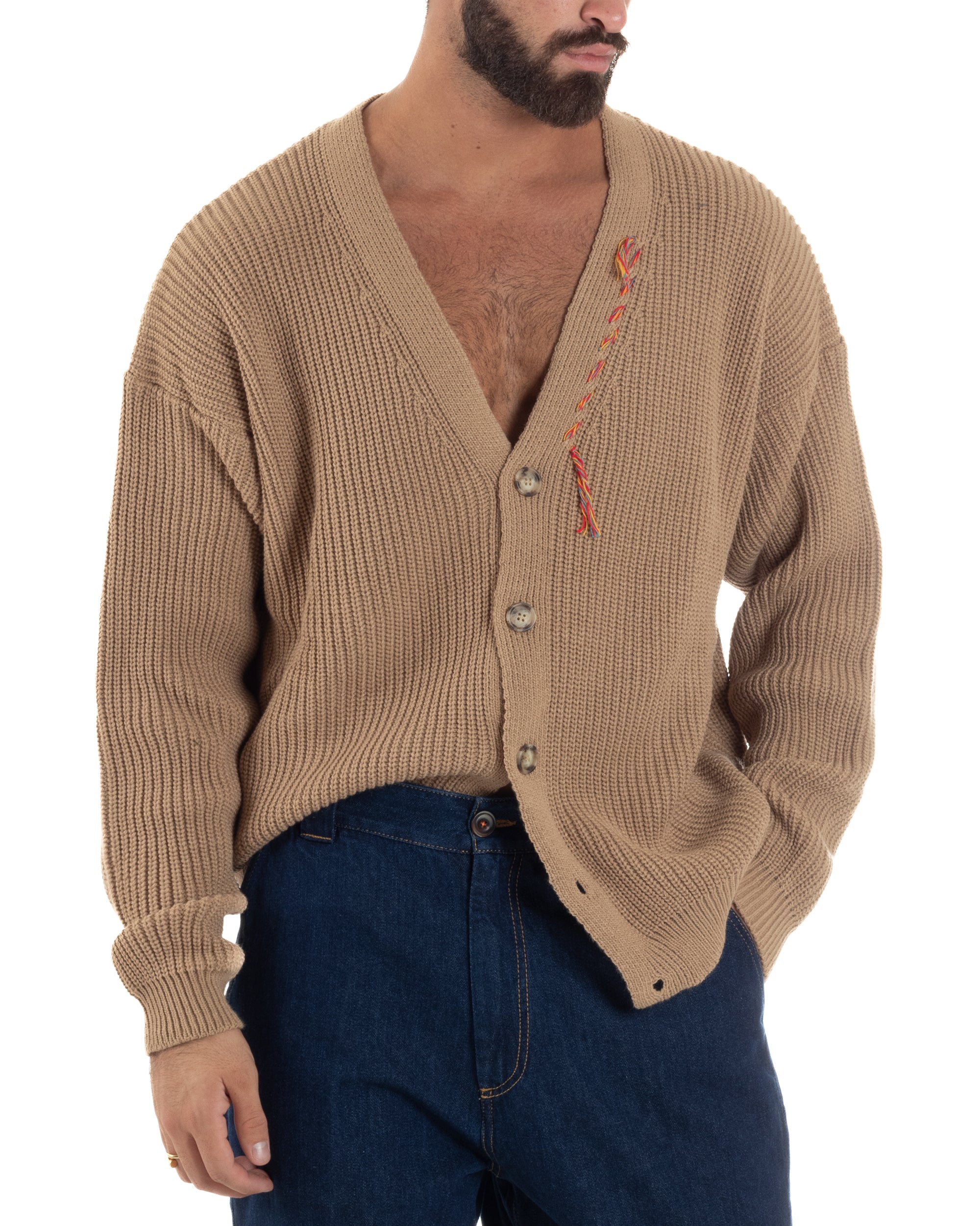 Cardigan Uomo Ricamo Jacquard Maglia Over Scollo V Beige Berna M-252014