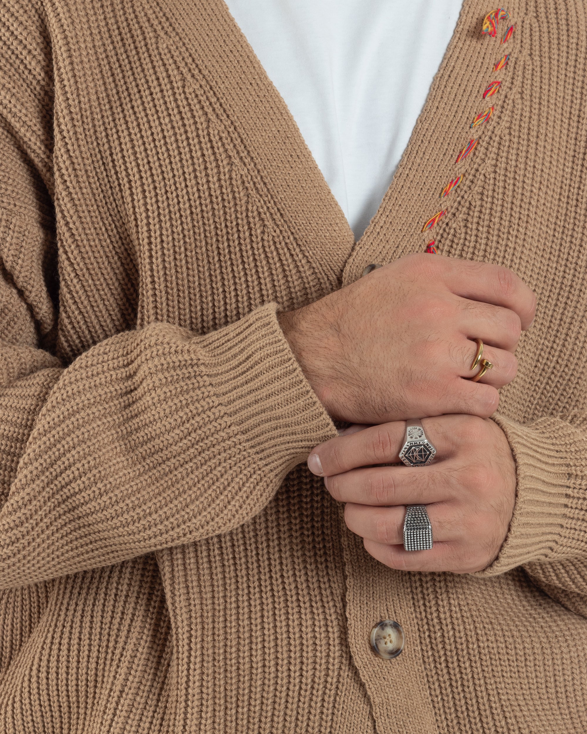 Cardigan Uomo Ricamo Jacquard Maglia Over Scollo V Beige Berna M-252014