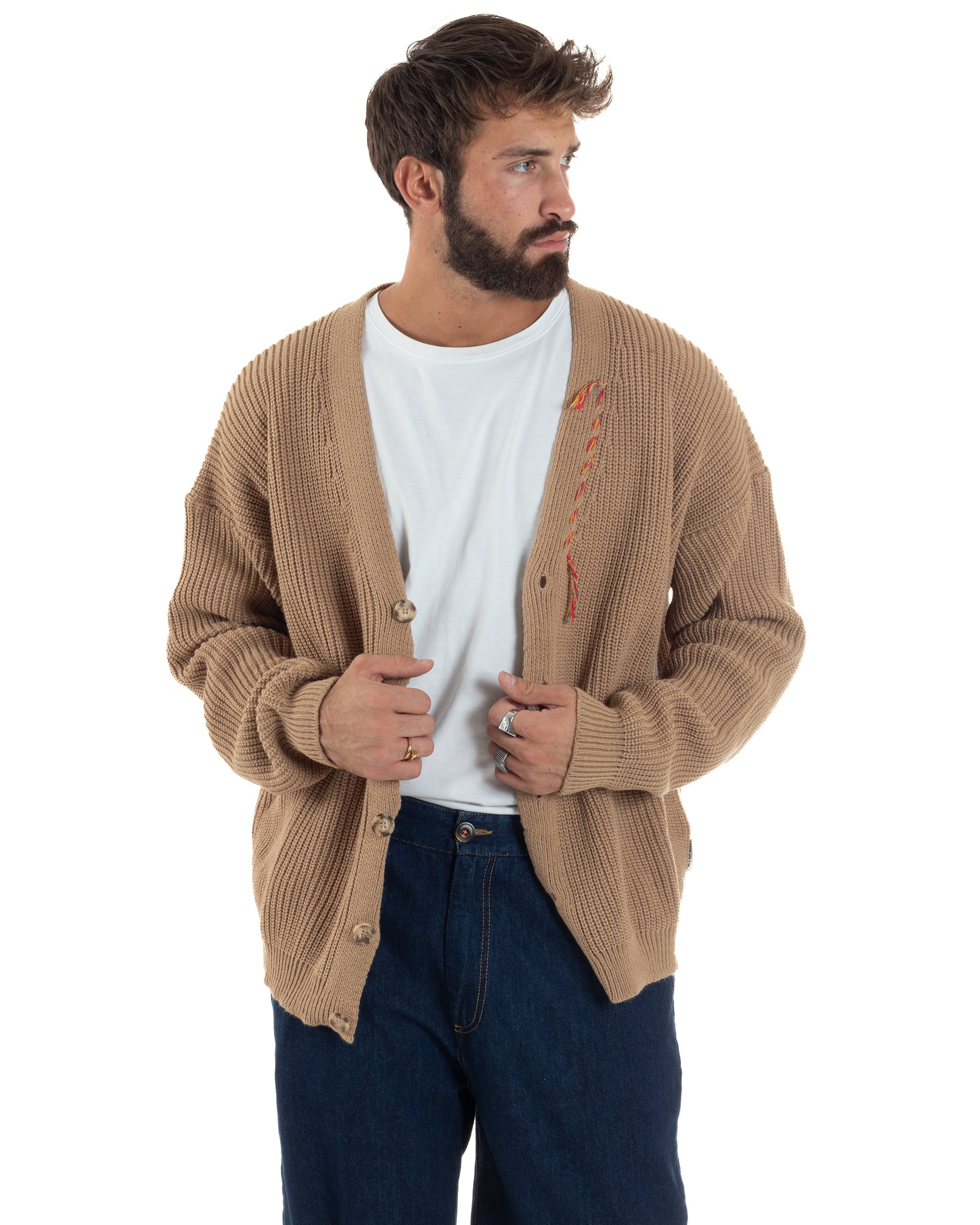 Cardigan Uomo Ricamo Jacquard Maglia Over Scollo V Beige Berna M-252014