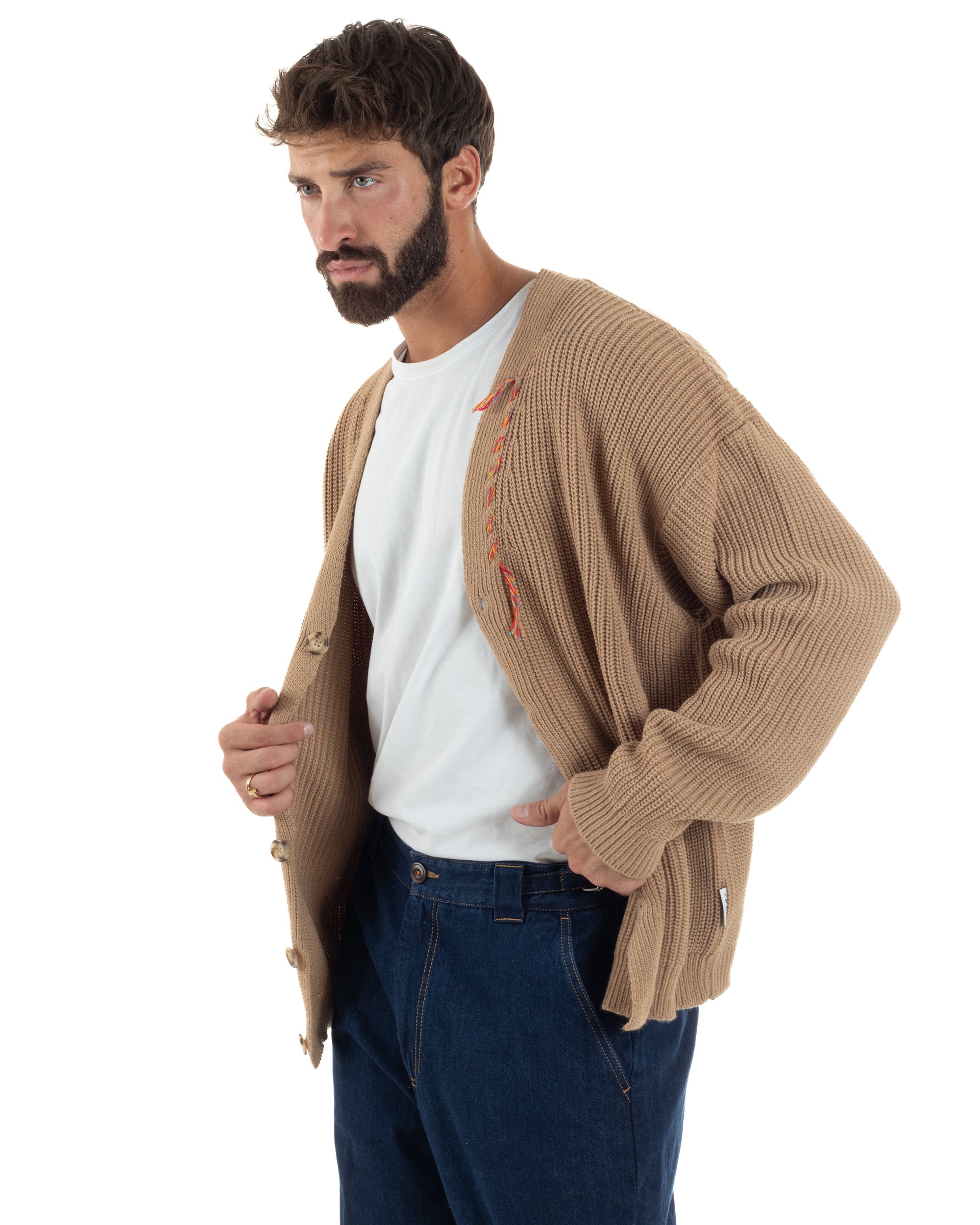 Cardigan Uomo Ricamo Jacquard Maglia Over Scollo V Beige Berna M-252014