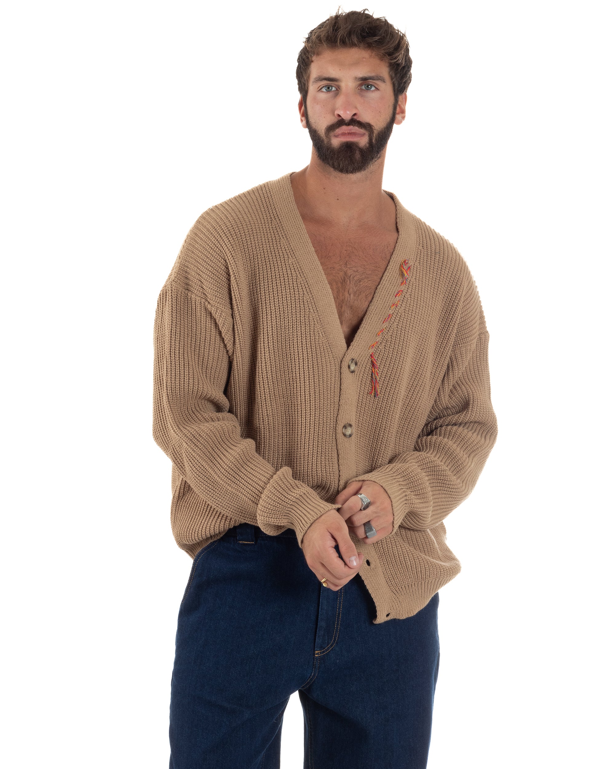 Cardigan Uomo Ricamo Jacquard Maglia Over Scollo V Beige Berna M-252014