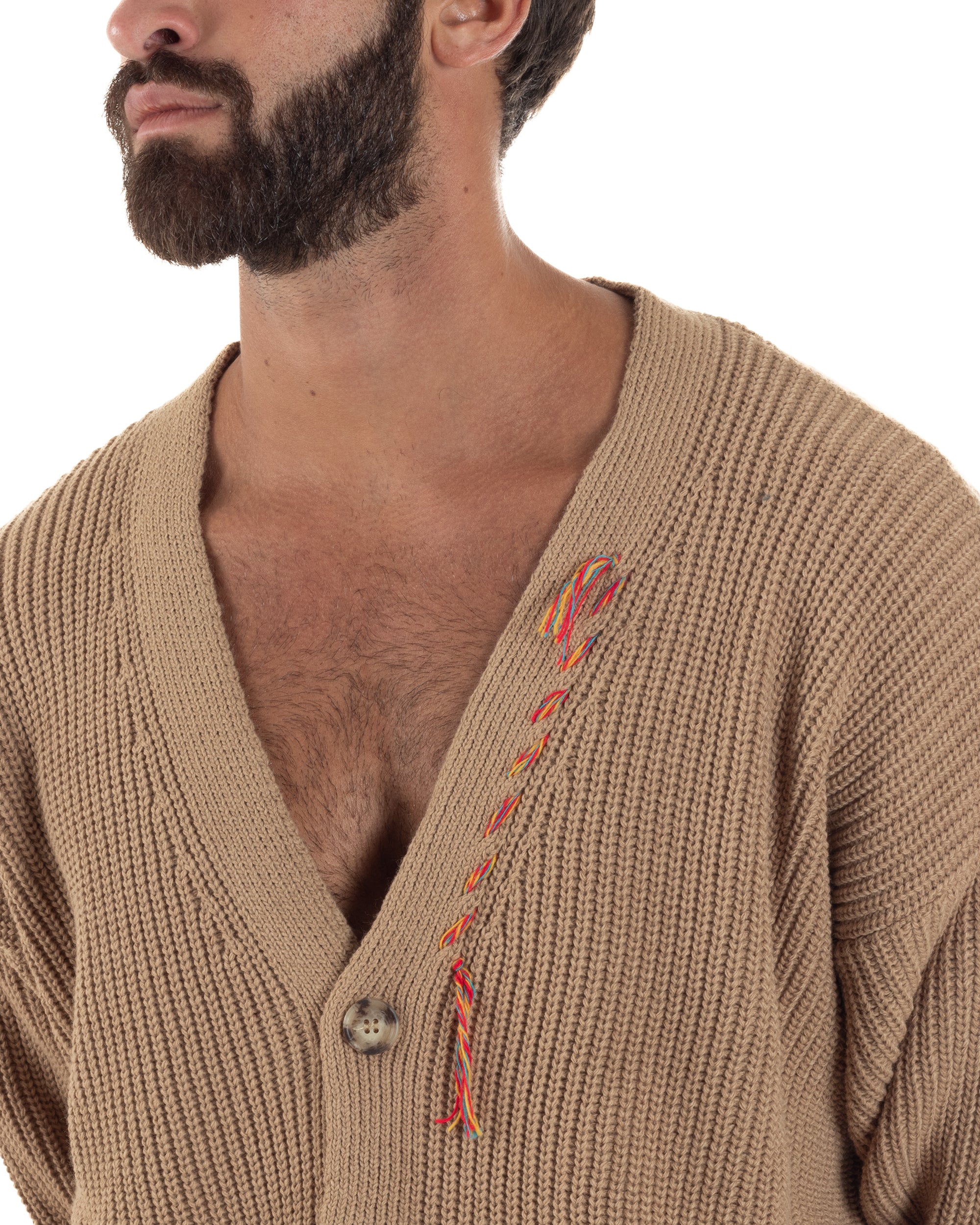 Cardigan Uomo Ricamo Jacquard Maglia Over Scollo V Beige Berna M-252014