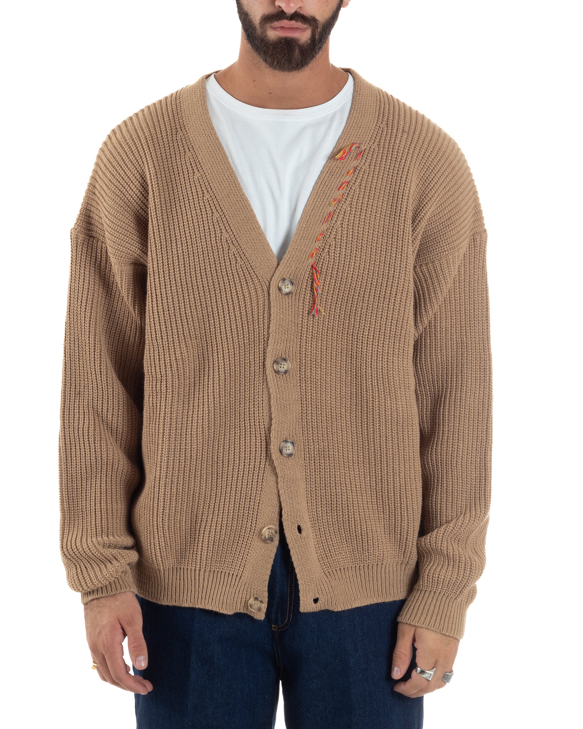 Cardigan Uomo Ricamo Jacquard Maglia Over Scollo V Beige Berna M-252014