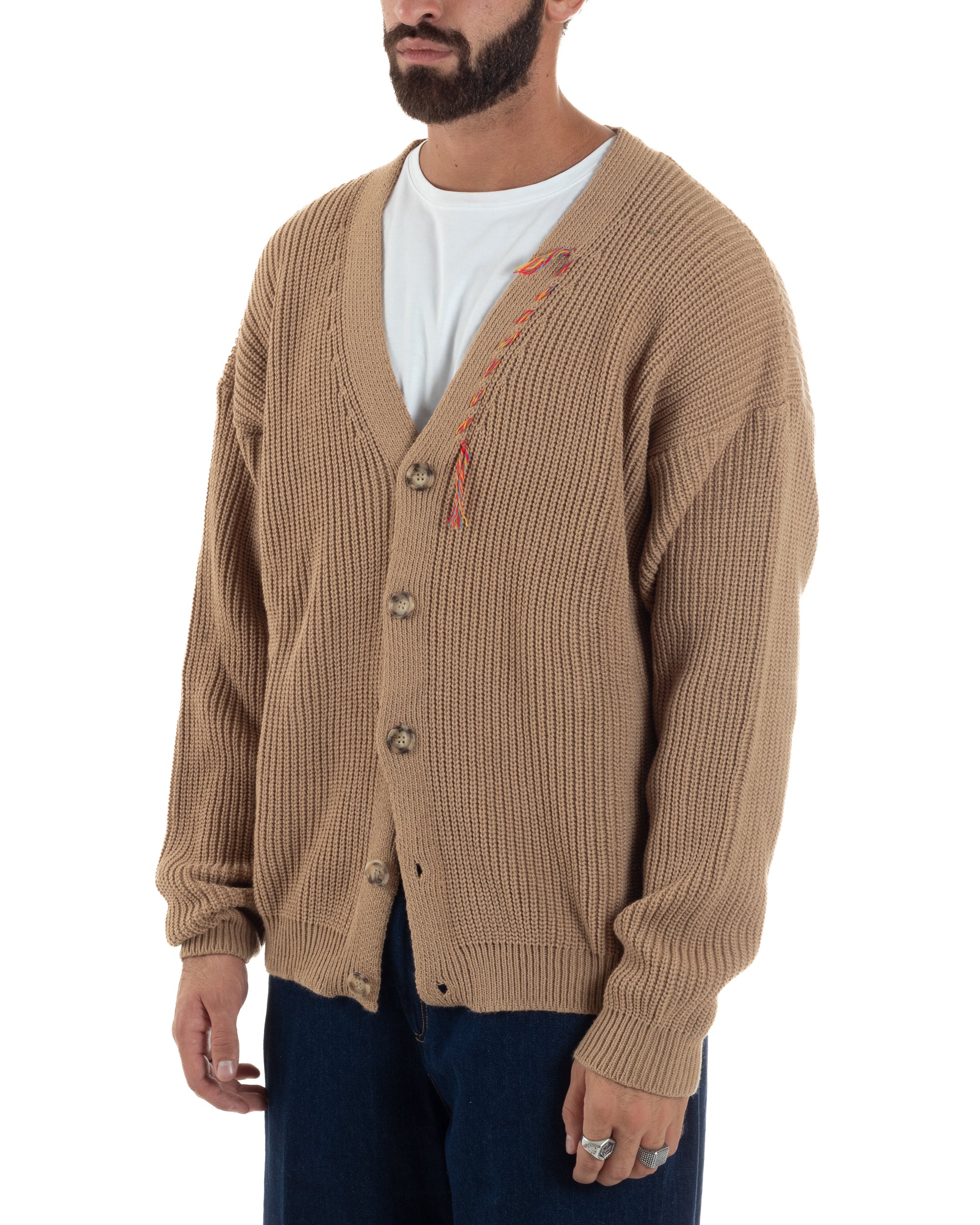 Cardigan Uomo Ricamo Jacquard Maglia Over Scollo V Beige Berna M-252014