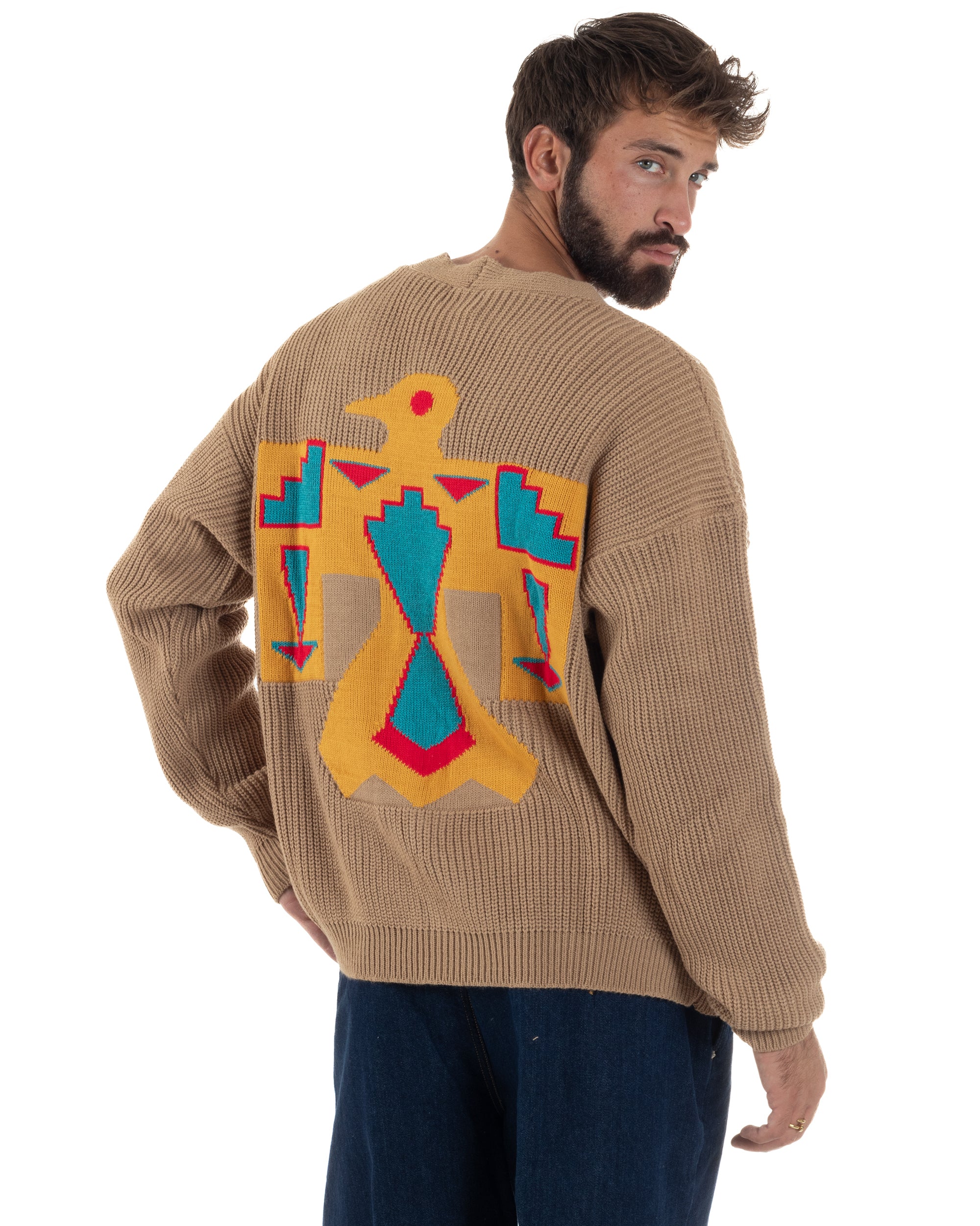 Cardigan Uomo Ricamo Jacquard Maglia Over Scollo V Beige Berna M-252014