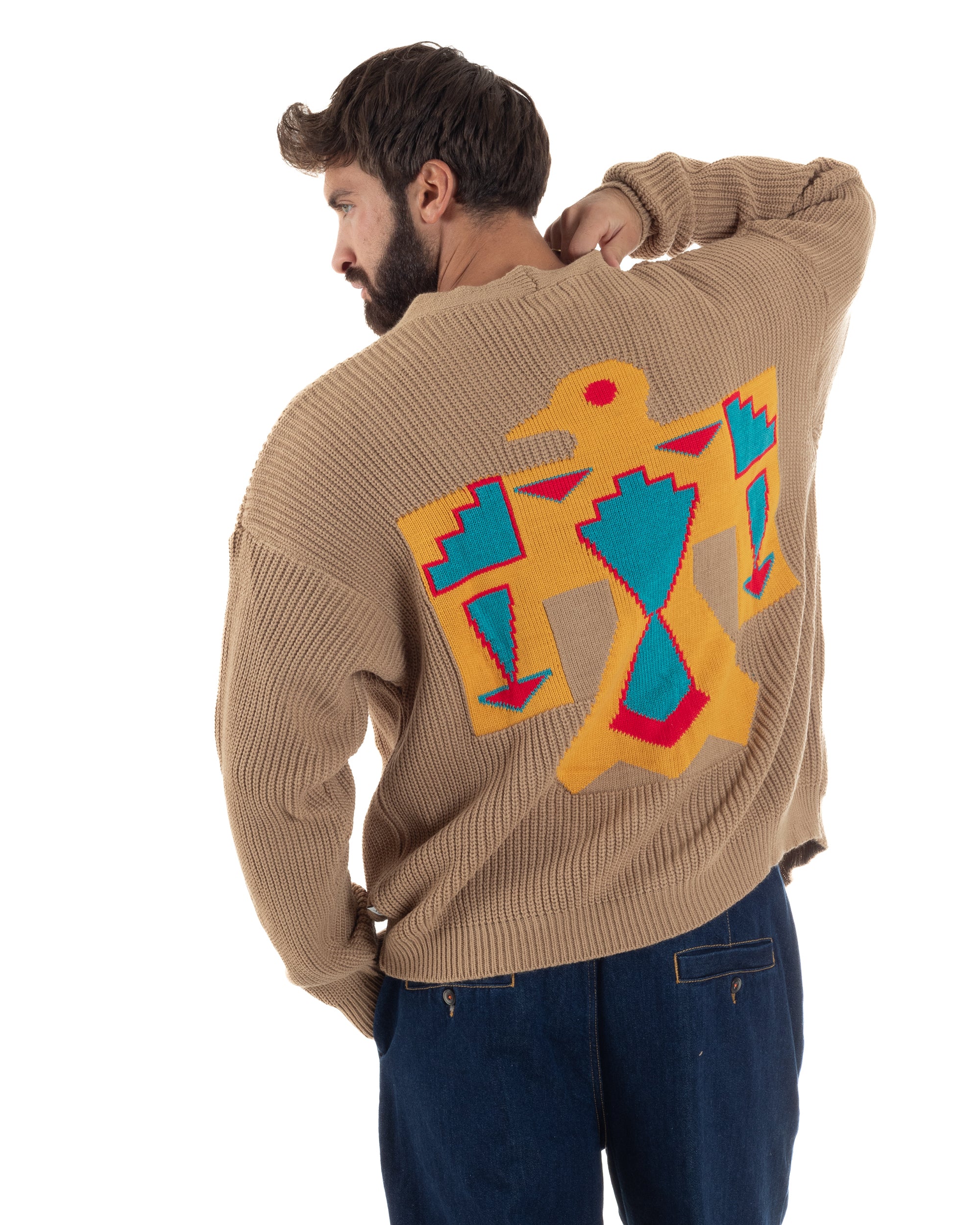 Cardigan Uomo Ricamo Jacquard Maglia Over Scollo V Beige Berna M-252014