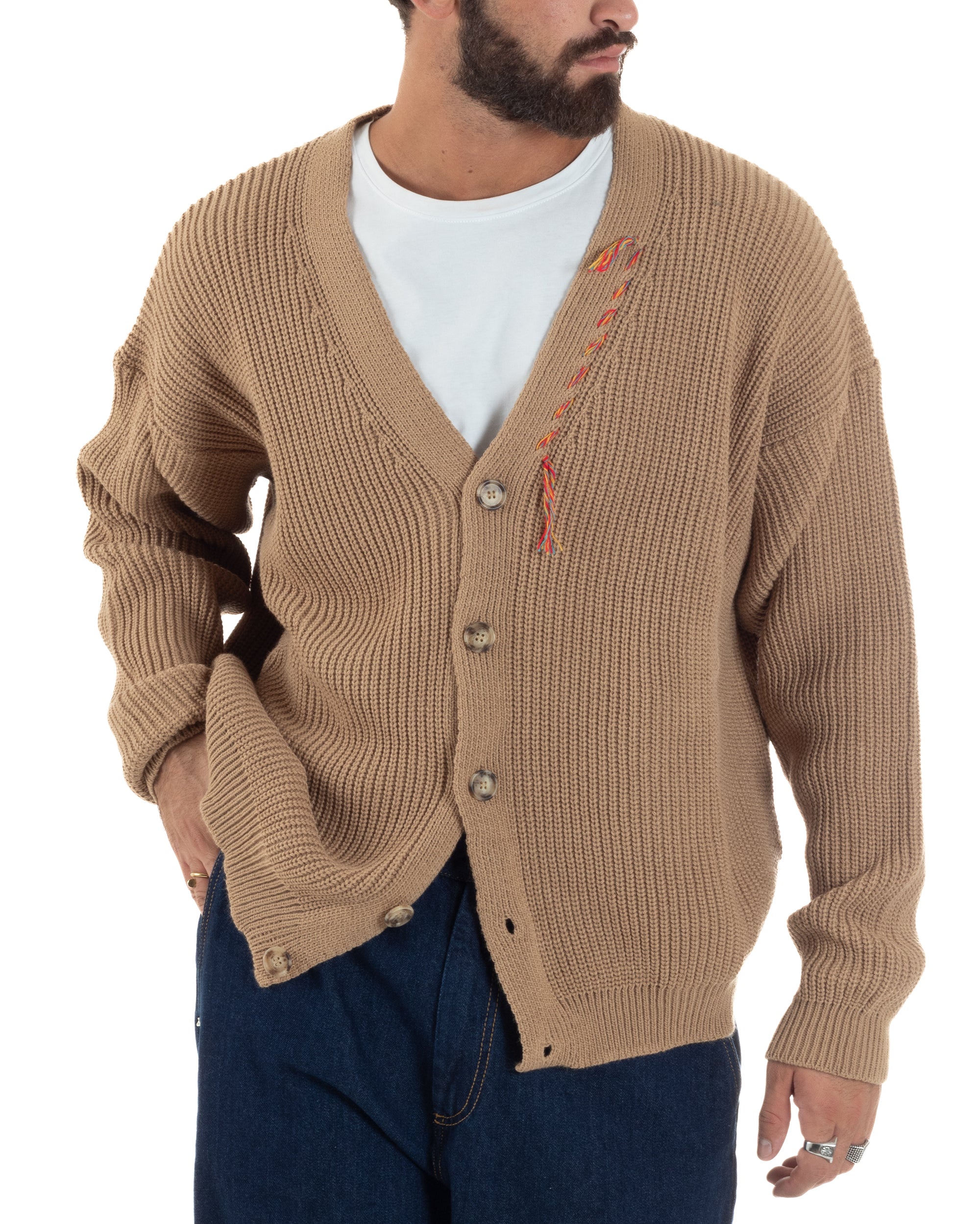 Cardigan Uomo Ricamo Jacquard Maglia Over Scollo V Beige Berna M-252014