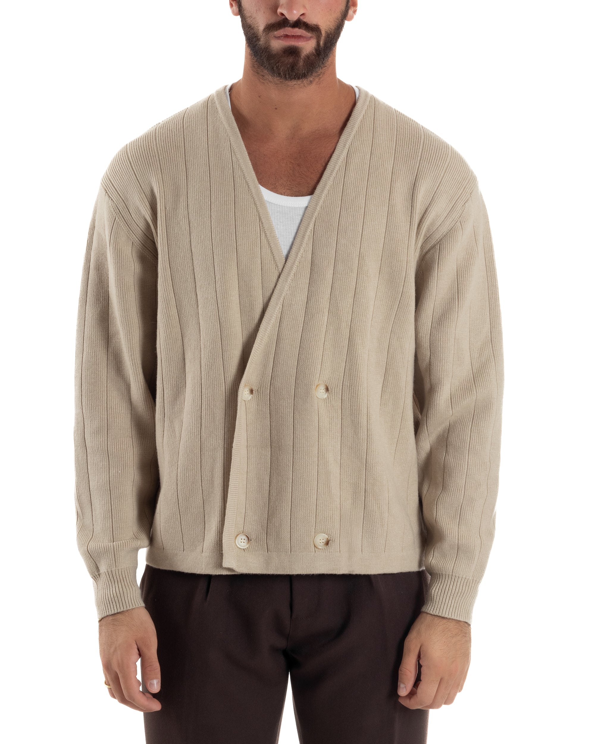 Cardigan Uomo Crop Doppiopetto Lana Tinta Unita Beige M3047A