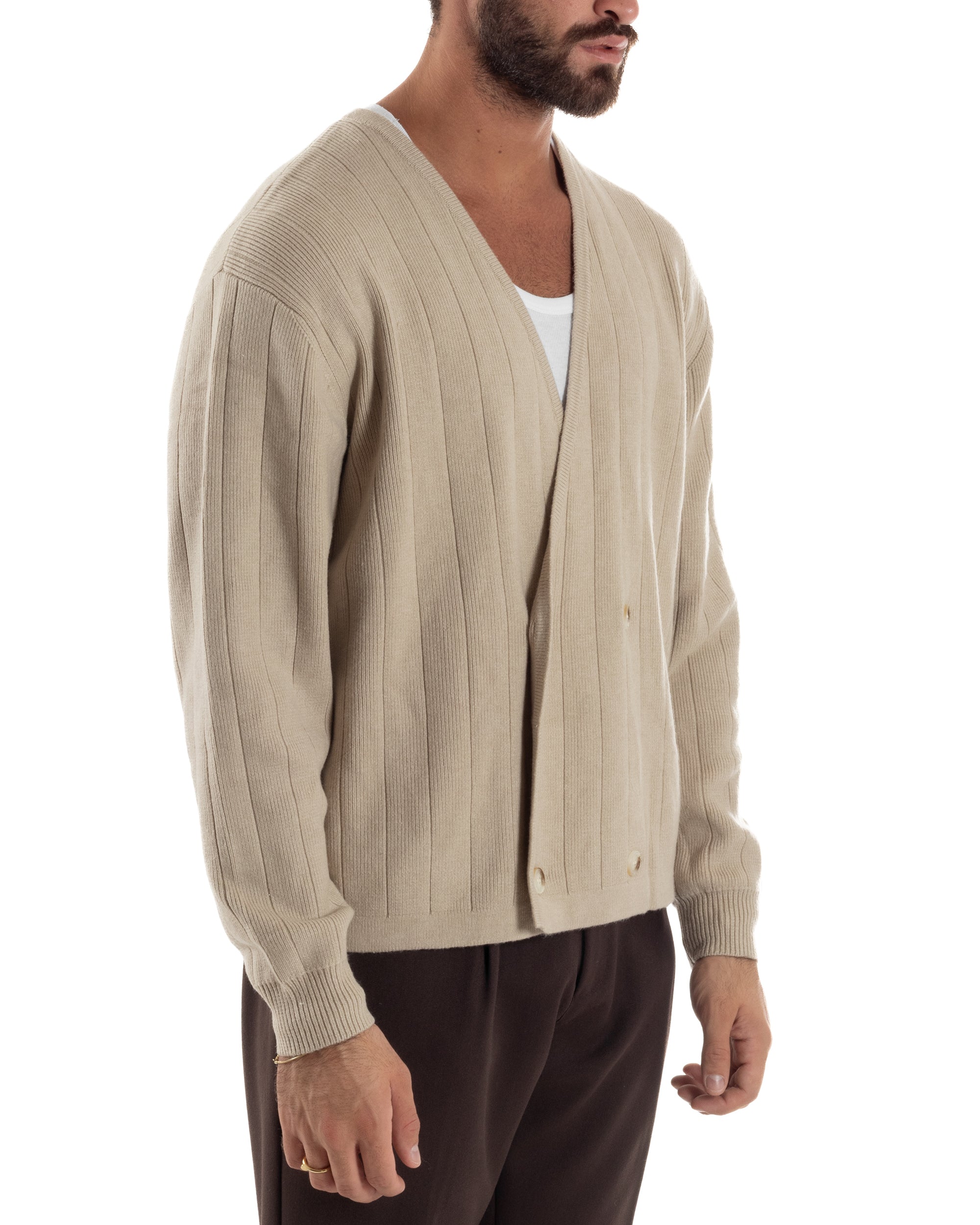 Cardigan Uomo Crop Doppiopetto Lana Tinta Unita Beige M3047A