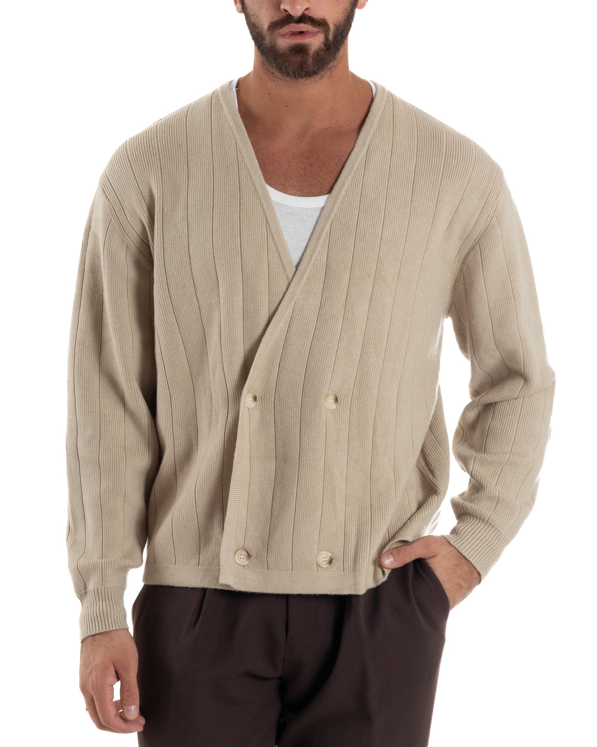 Cardigan Uomo Crop Doppiopetto Lana Tinta Unita Beige M3047A