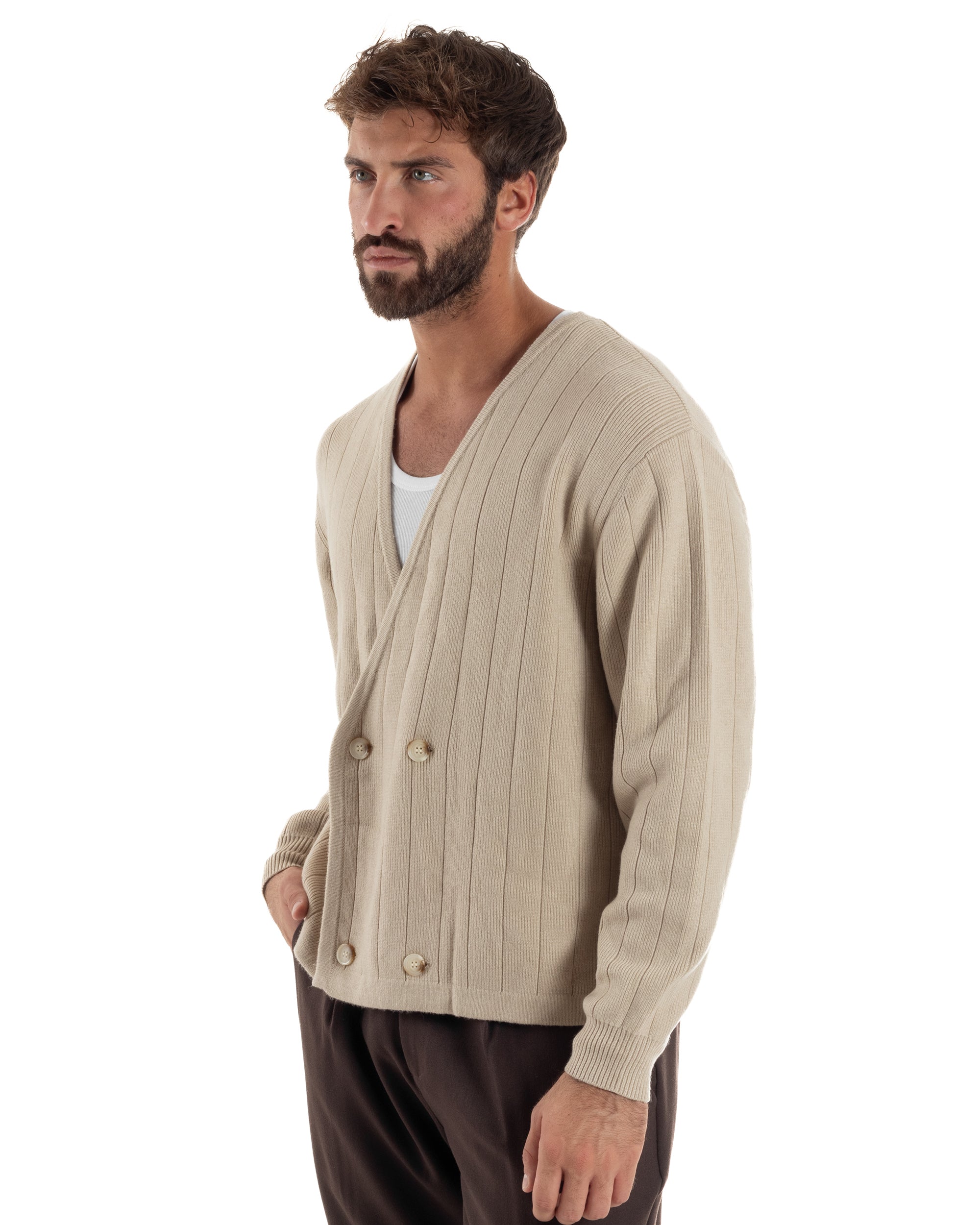 Cardigan Uomo Crop Doppiopetto Lana Tinta Unita Beige M3047A