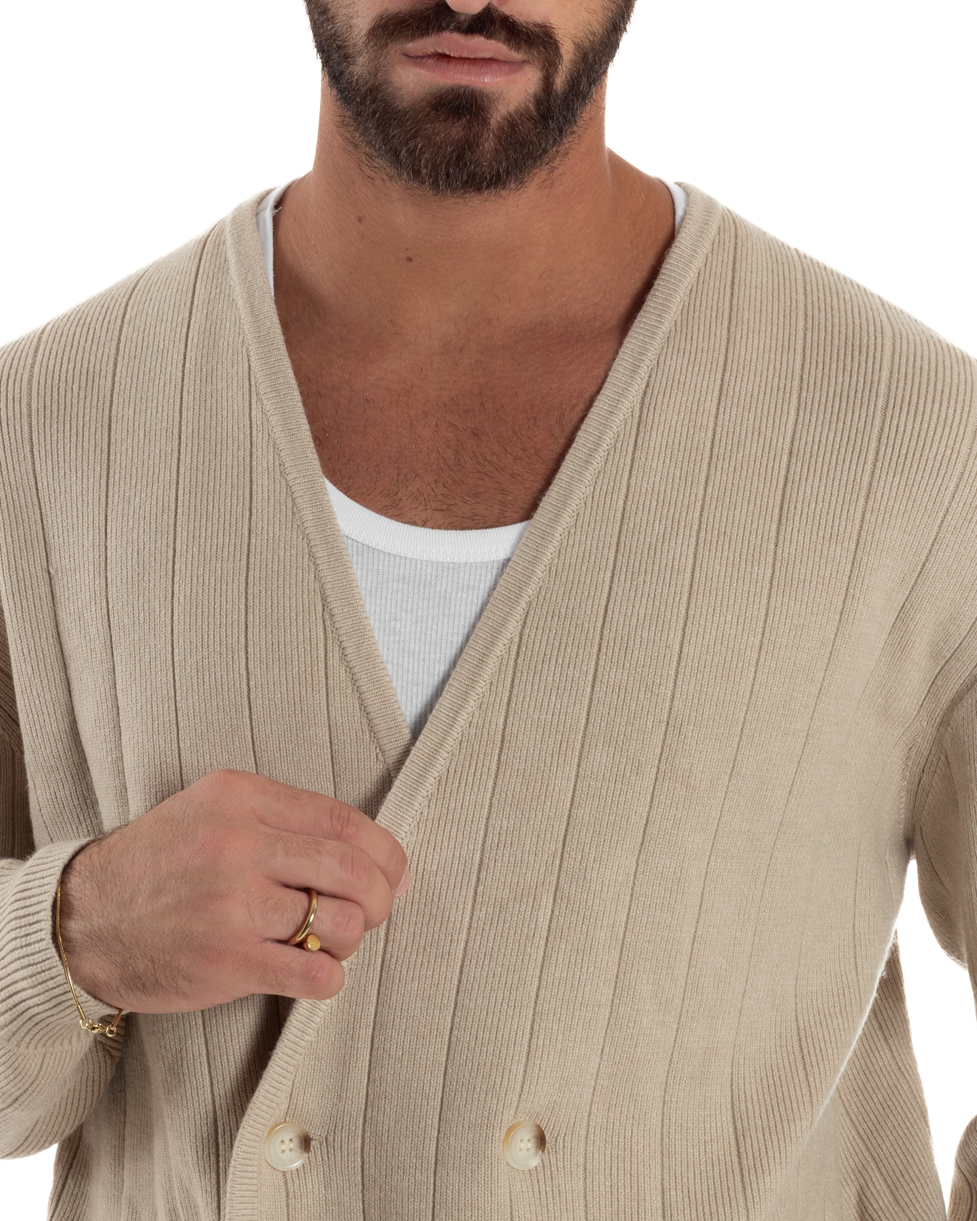 Cardigan Uomo Crop Doppiopetto Lana Tinta Unita Beige M3047A