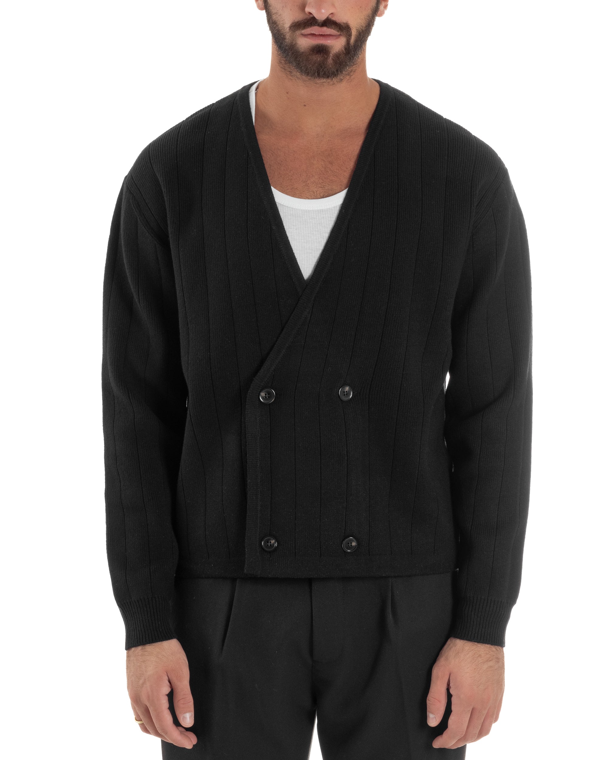 Cardigan Uomo Crop Doppiopetto Lana Tinta Unita Nero M3048A