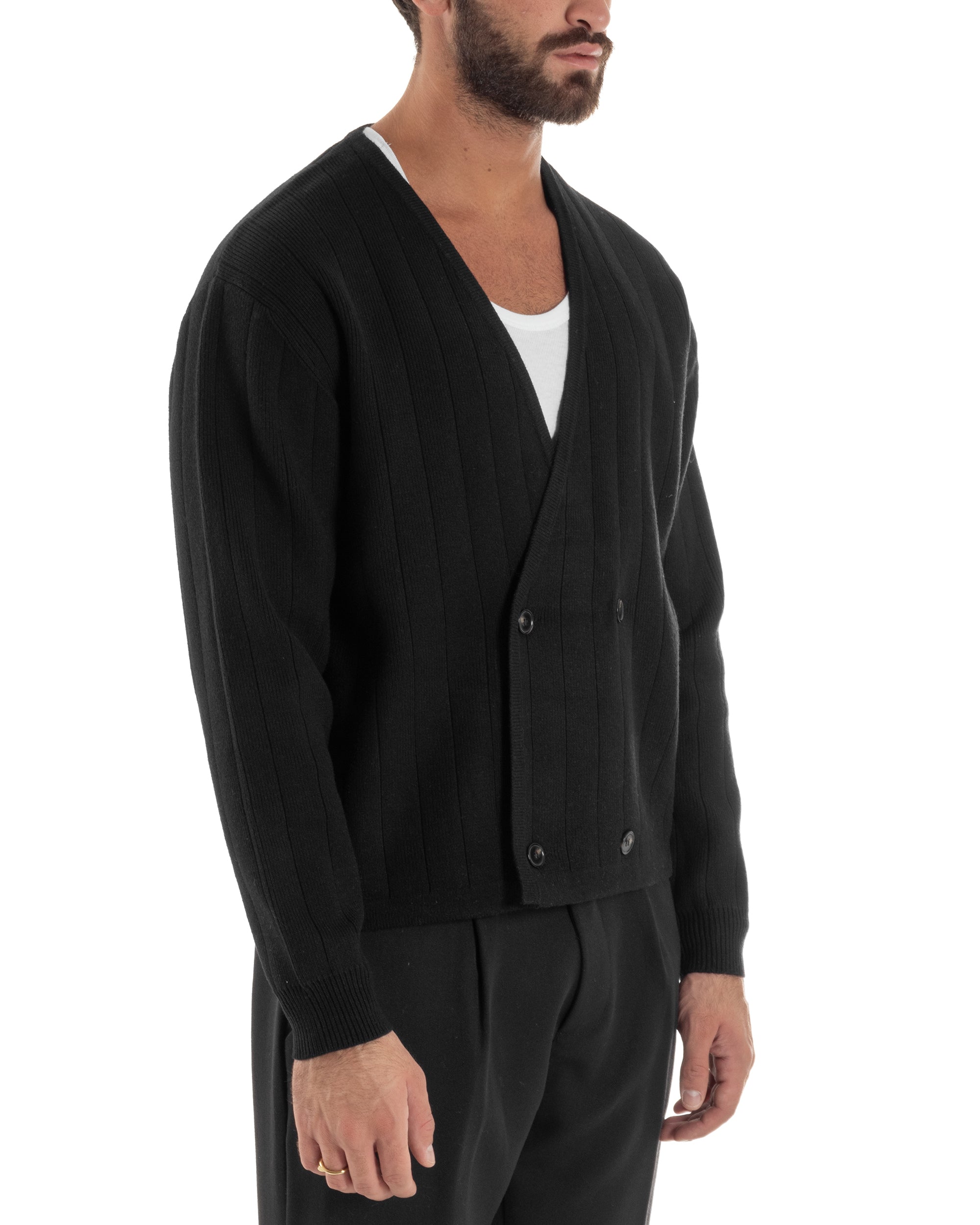 Cardigan Uomo Crop Doppiopetto Lana Tinta Unita Nero M3048A