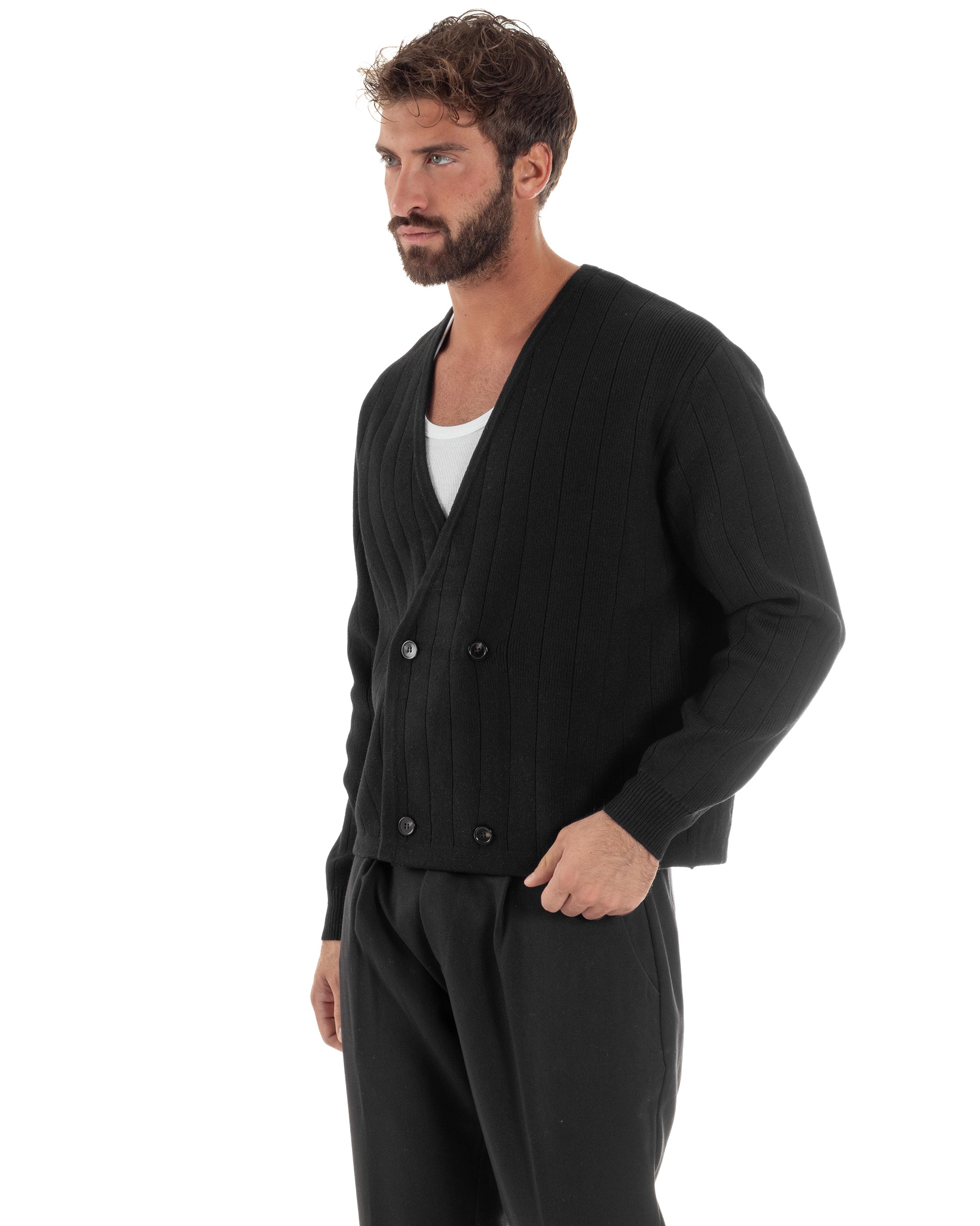 Cardigan Uomo Crop Doppiopetto Lana Tinta Unita Nero M3048A