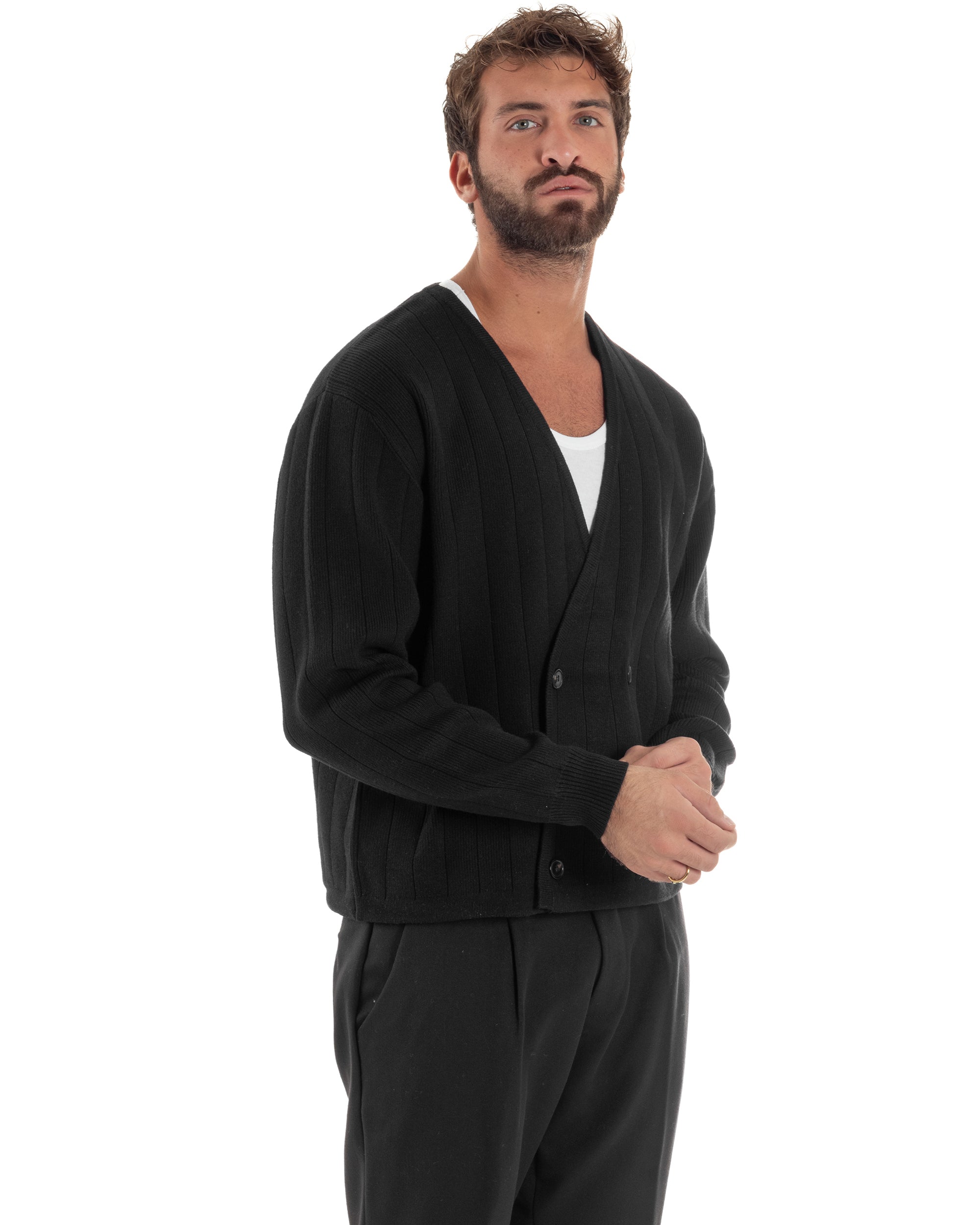 Cardigan Uomo Crop Doppiopetto Lana Tinta Unita Nero M3048A