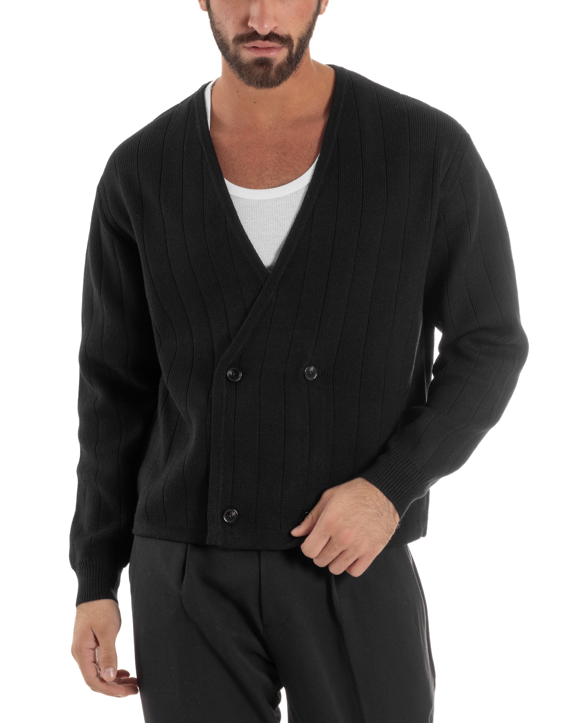 Cardigan Uomo Crop Doppiopetto Lana Tinta Unita Nero M3048A